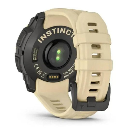 Rückseite einer hellbeigen Smartwatch mit schwarzem Gehäuse und Herzfrequenzmesser.