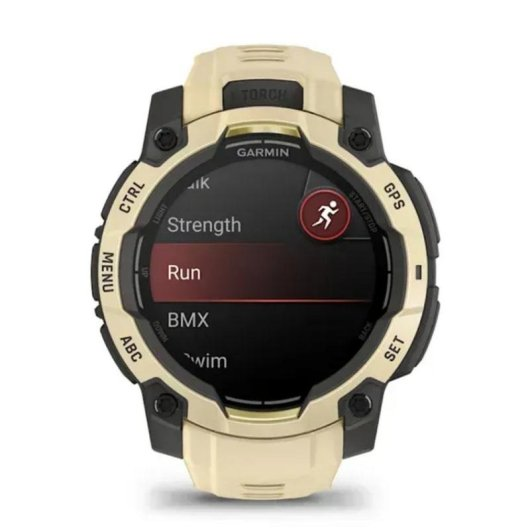 Eine beige und schwarze Garmin Smartwatch mit einem Menü, das Laufen anzeigt.