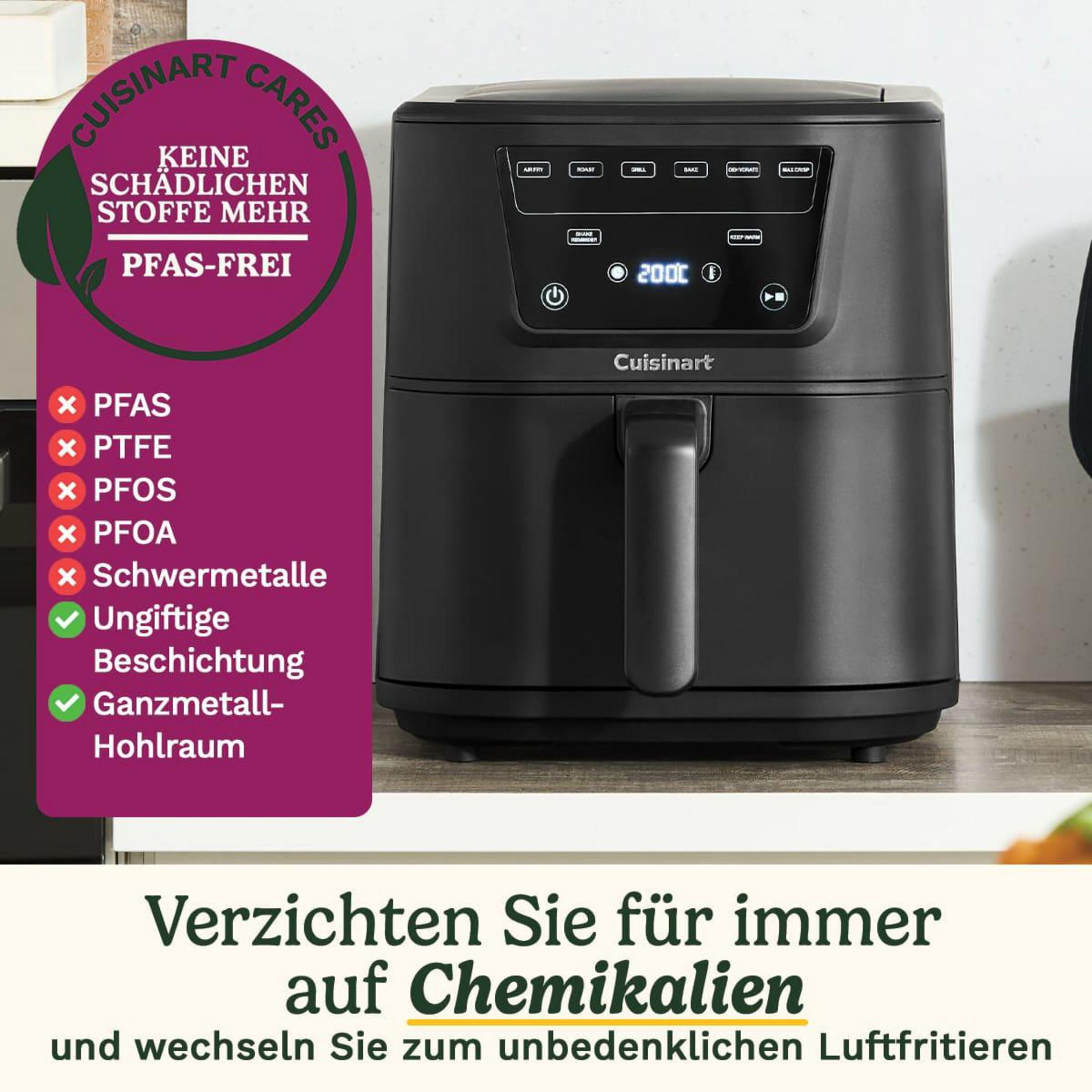 Friggitrice ad aria Cuisinart nera con pannello di controllo e sigillo "Cuisinart Cares".