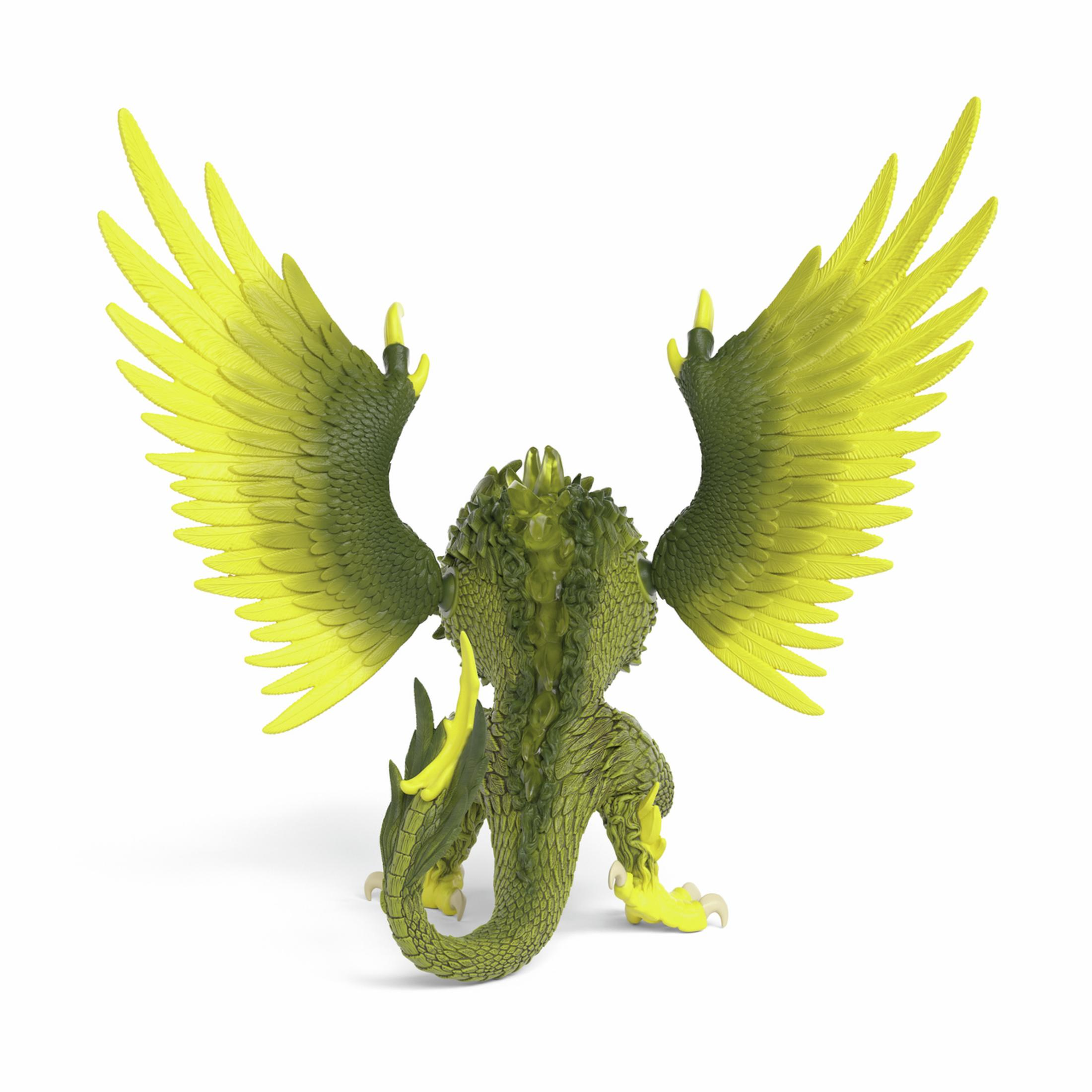 Grüner Drache mit ausgebreiteten gelben Flügeln auf weißem Hintergrund.