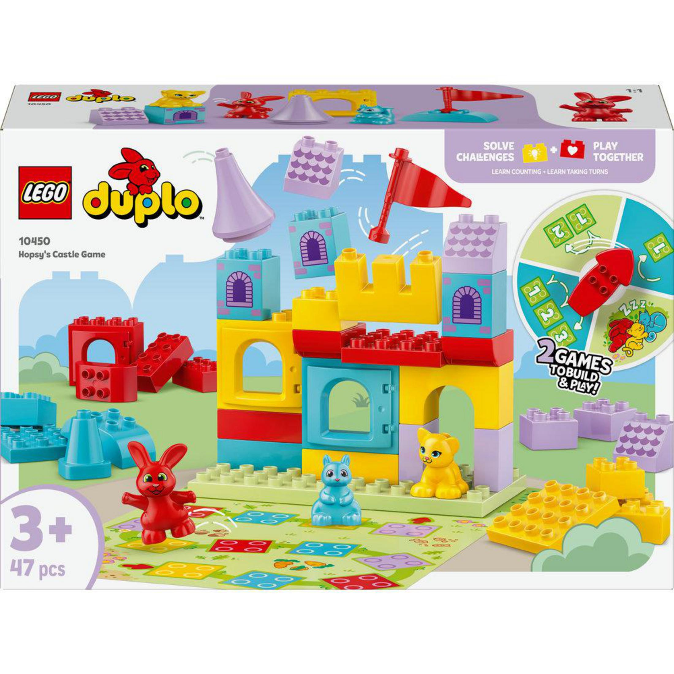 Colorido set Lego Duplo con castillo, animales y tablero de juego para mayores de 3 años.