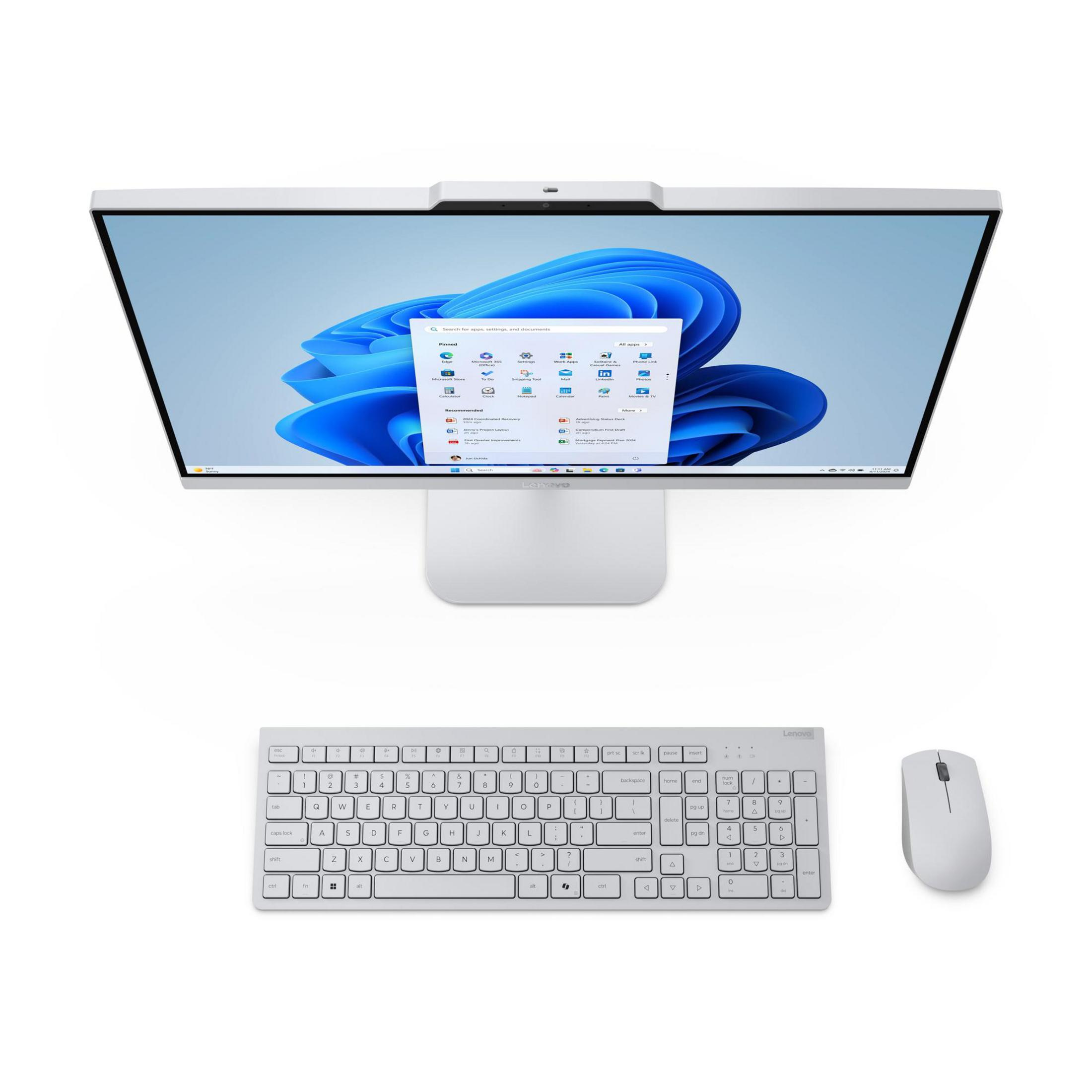 Moderner All-in-One-PC mit weißer Tastatur und Maus.