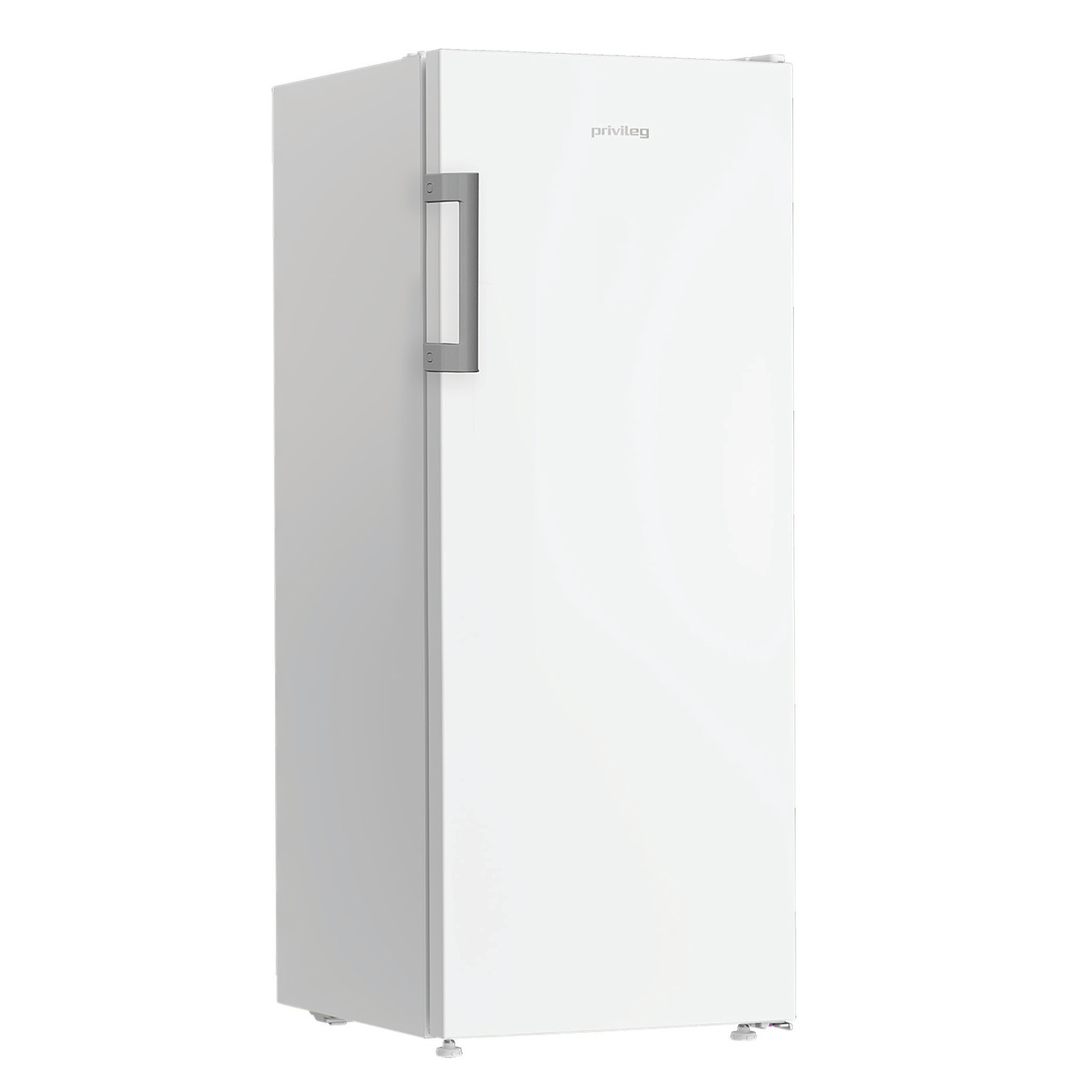 Ein weißer Kühlschrank mit silbernem Griff und dem Privileg-Logo.