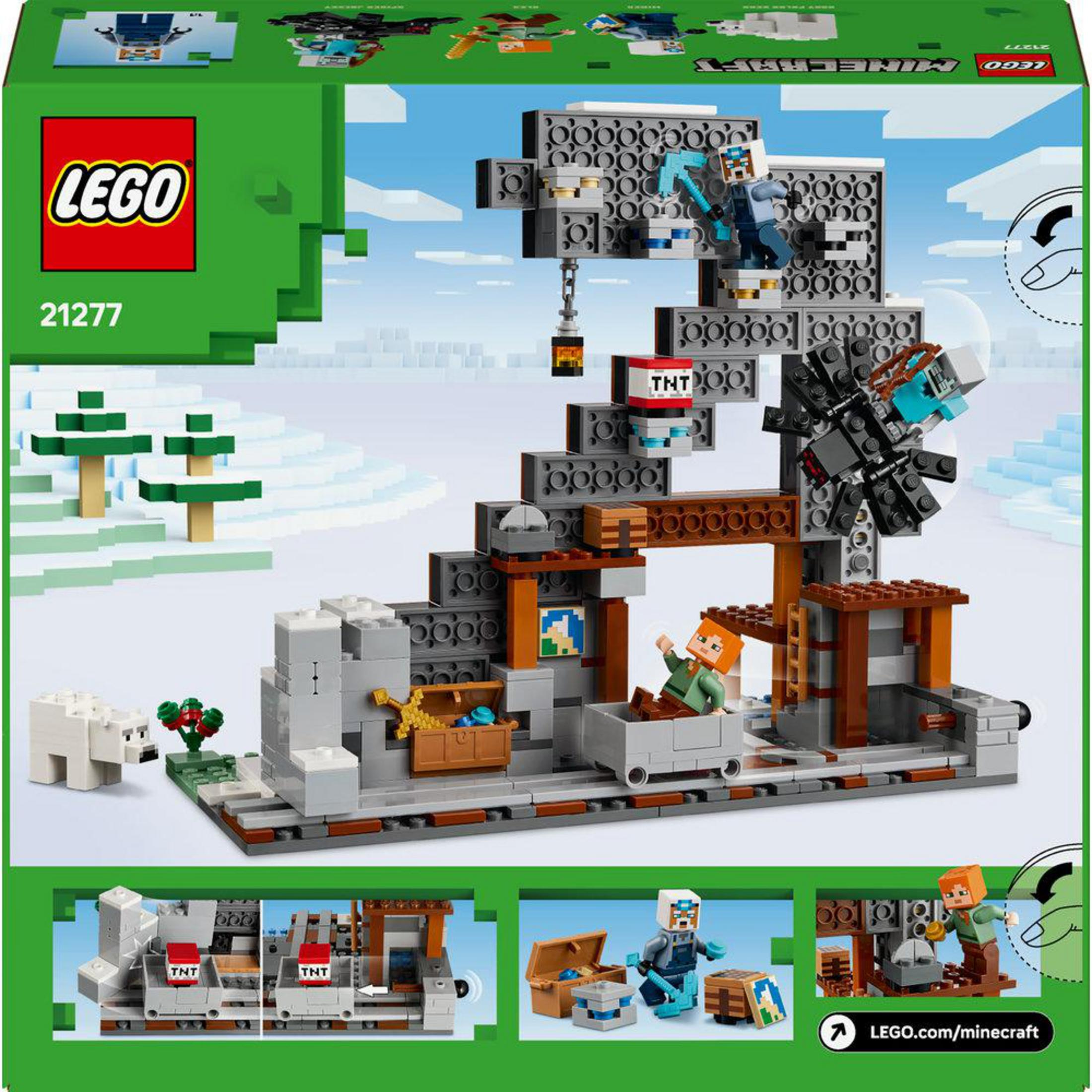 Set LEGO Minecraft con figuras, oso, árboles y construcción de mina.