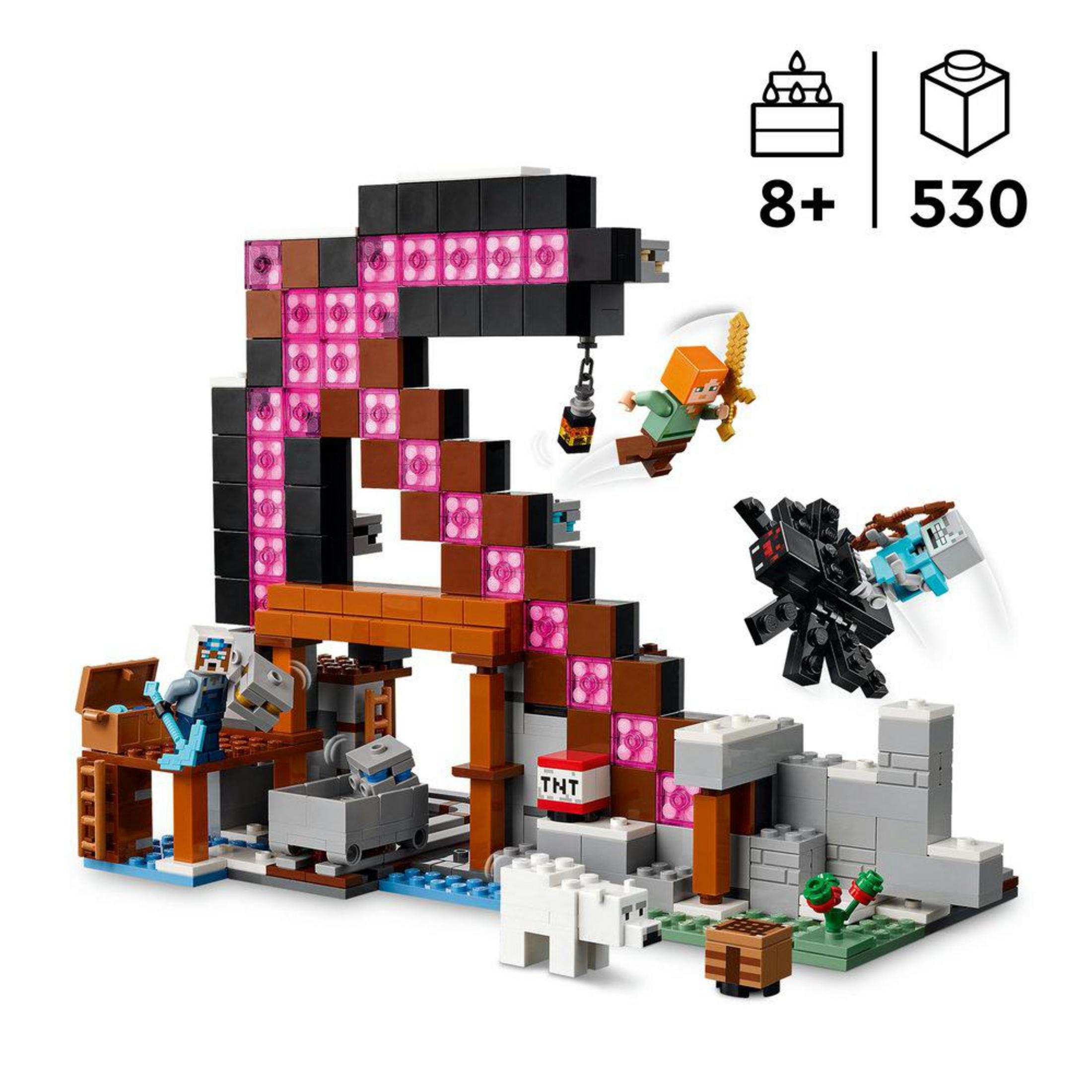 Set LEGO de Minecraft con figuras, estructura de mina y animales. 8+ años, 530 piezas.