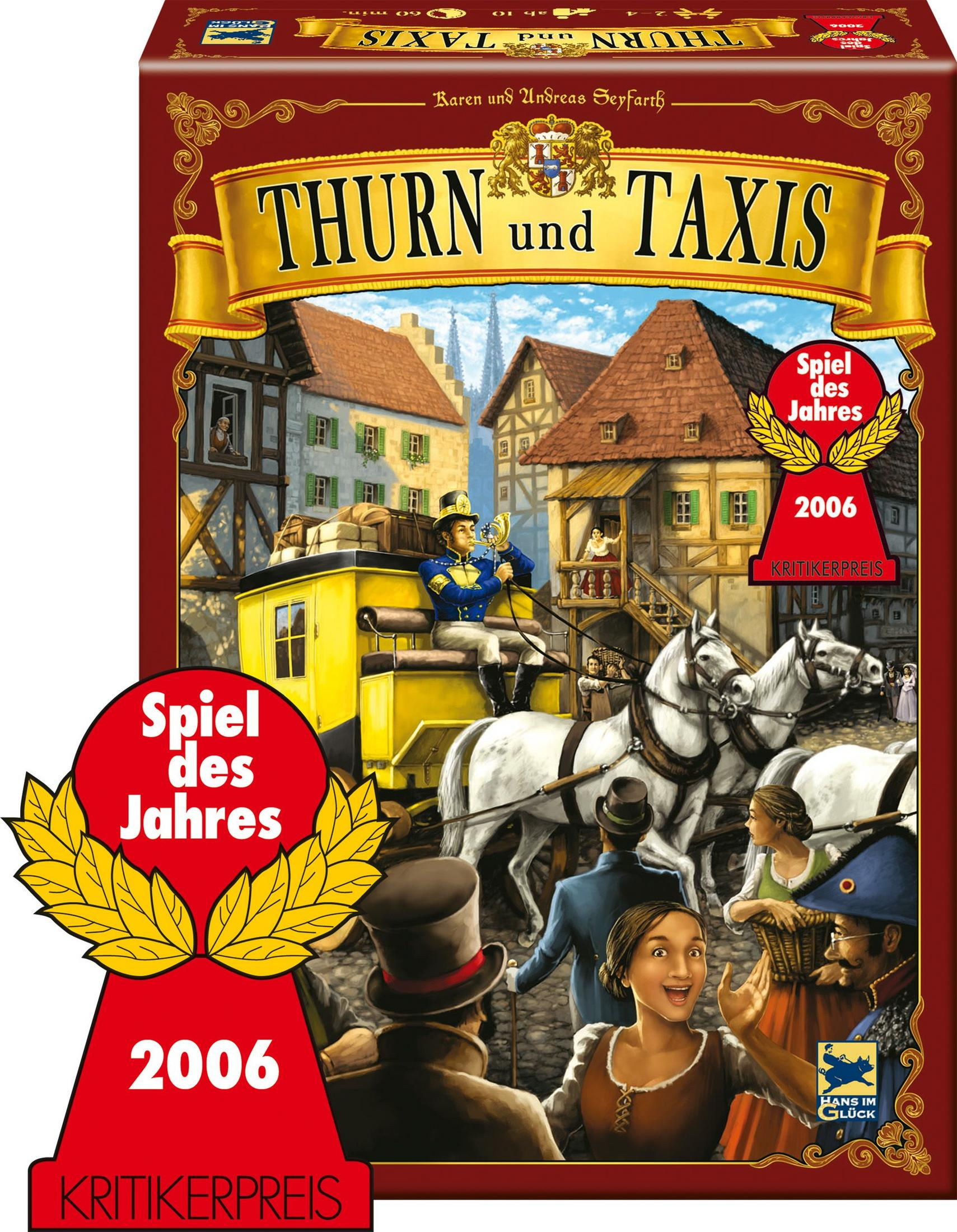 Brettspiel-Cover: Kutsche mit zwei Pferden vor Stadthaus, 2006 Spiel des Jahres.