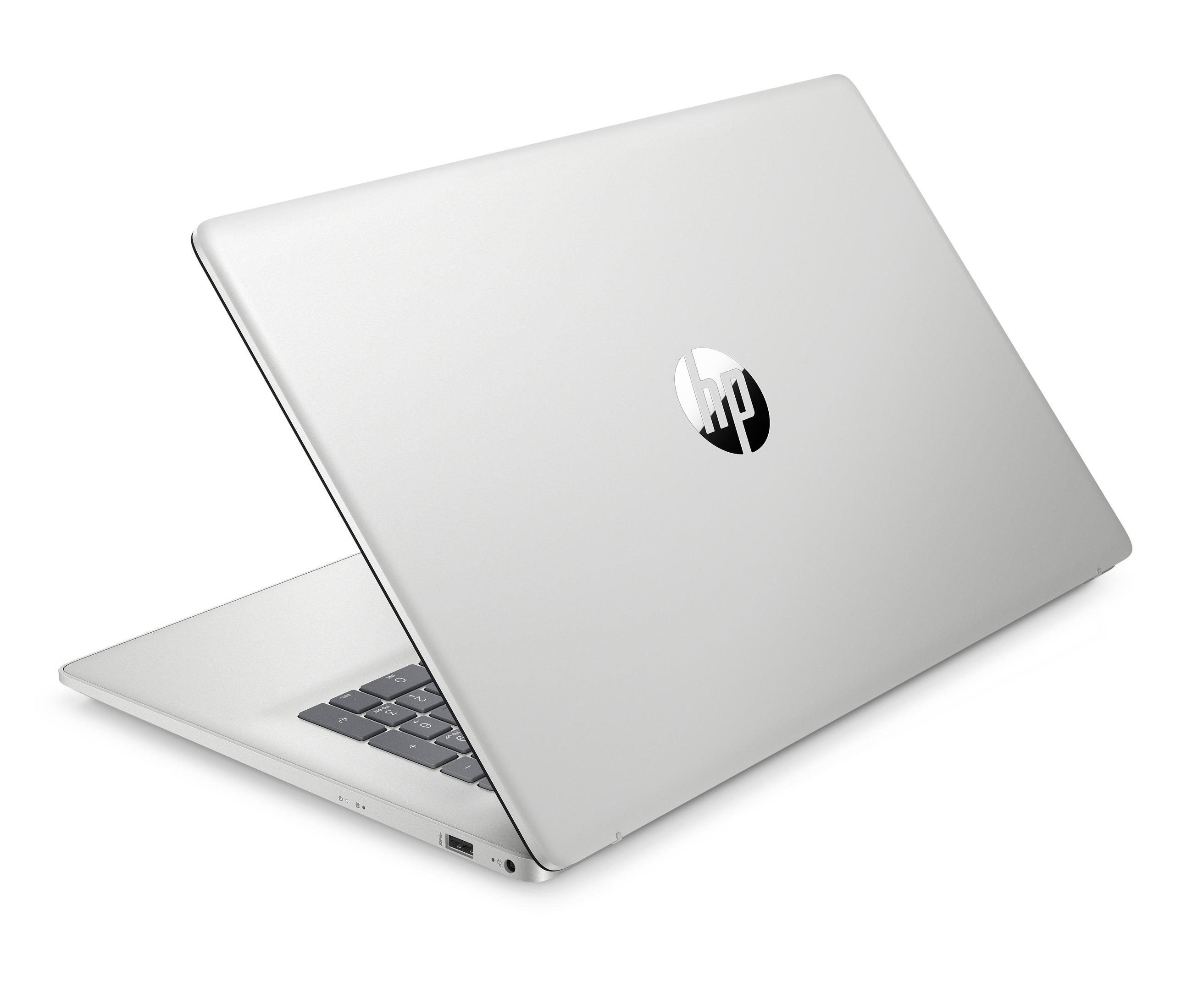Silberner HP Laptop mit aufgedeckter Tastatur und USB-Anschluss.