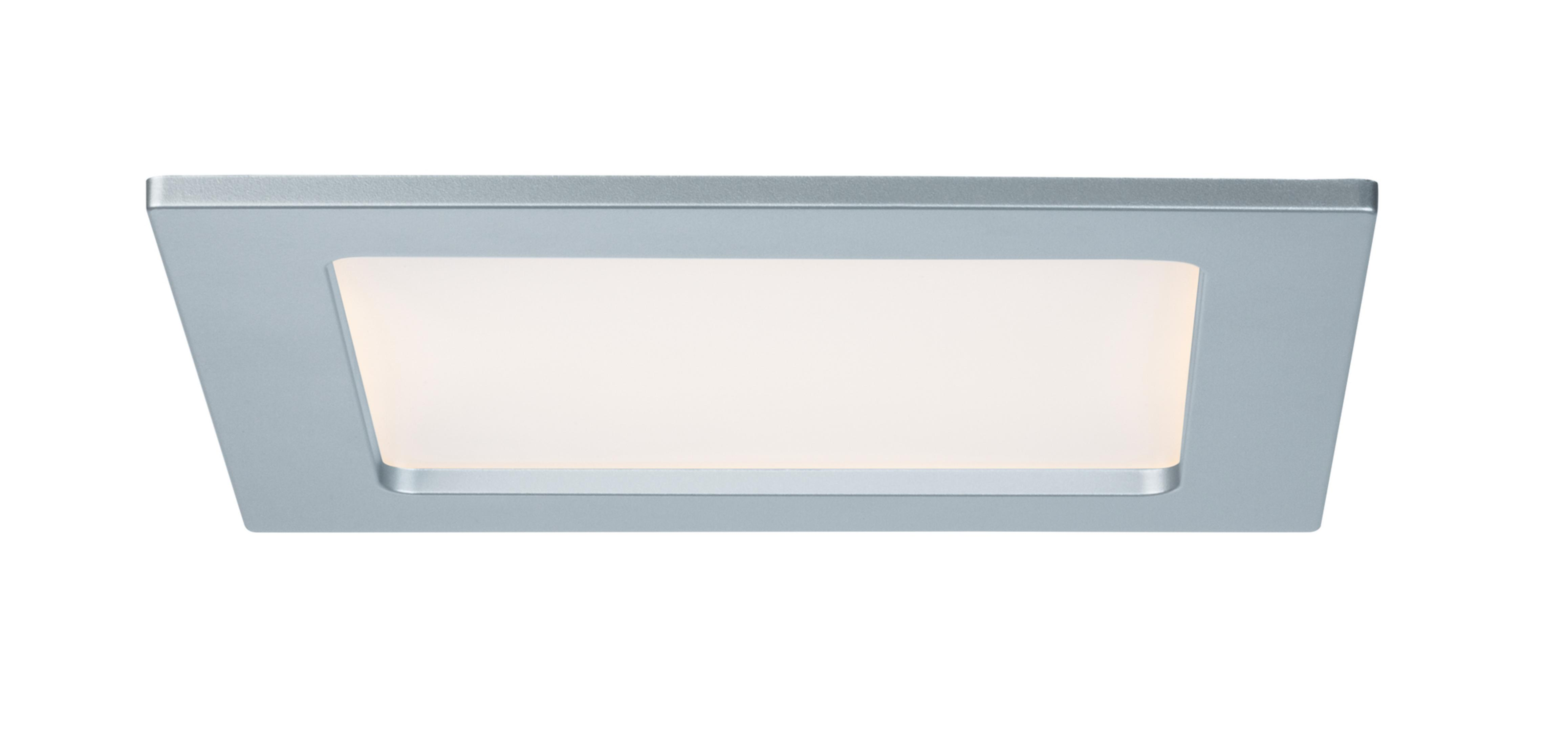 Prostokątna, srebrna lampa sufitowa z rozproszonym światłem.