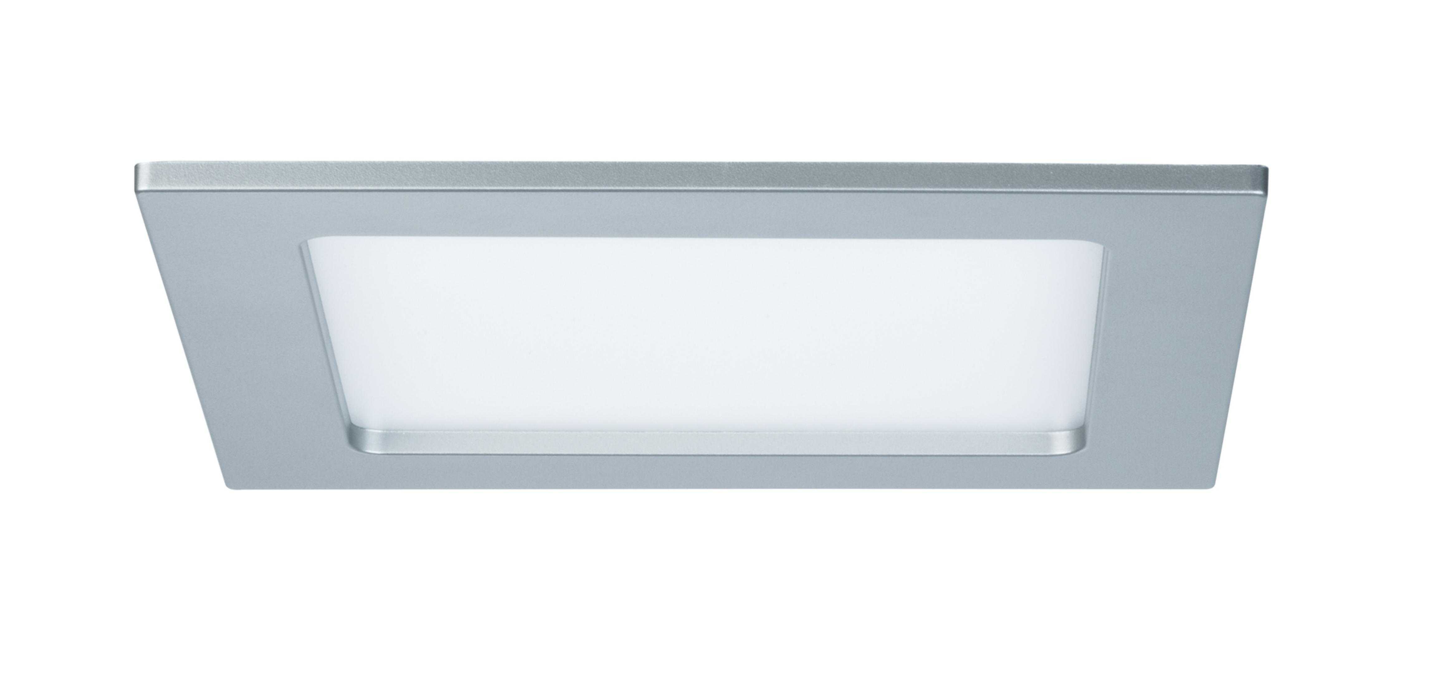 Srebrna, prostokątna lampa sufitowa z białym panelem świetlnym.