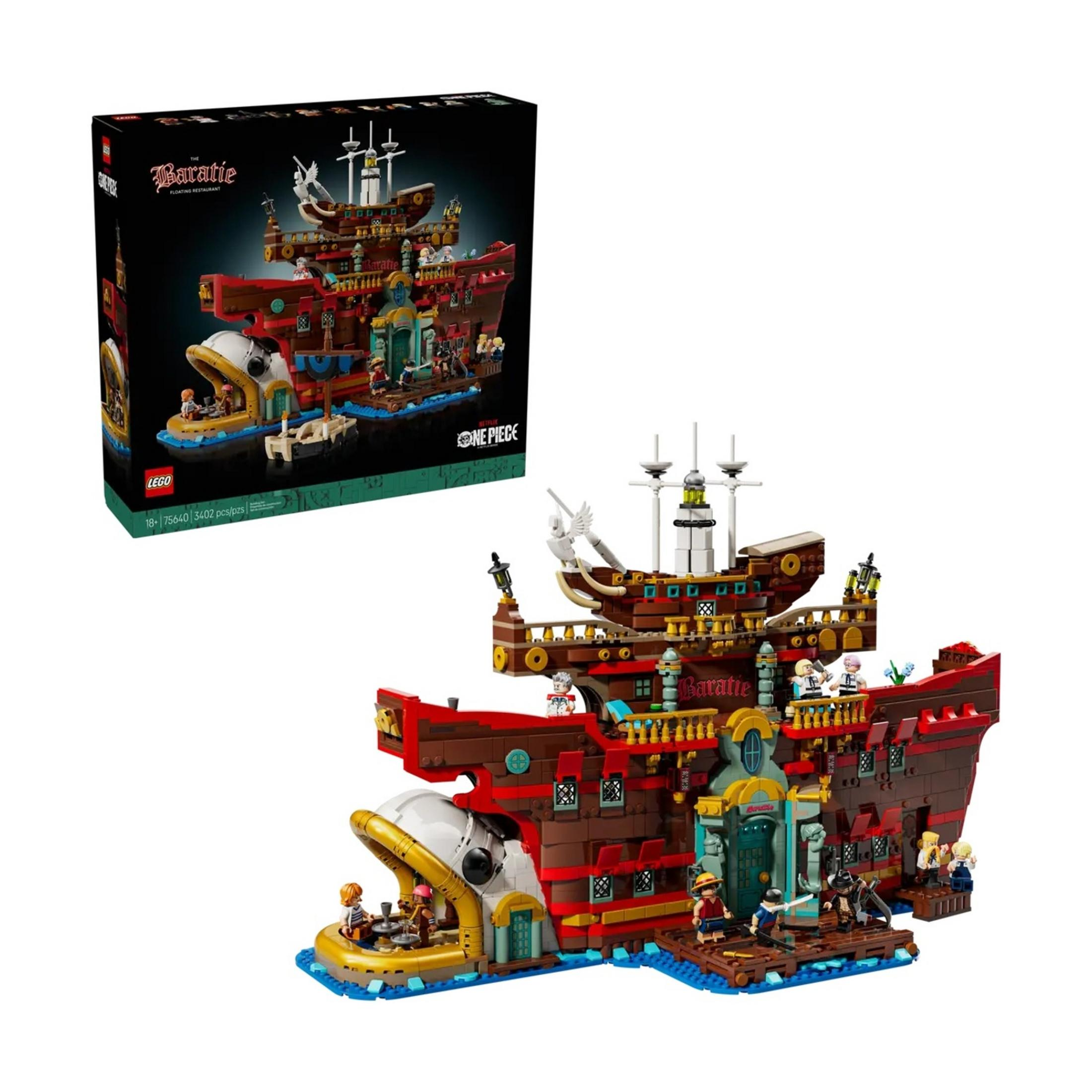 Un dettagliato modello LEGO di nave pirata a forma di testa di pesce, con molte figure.