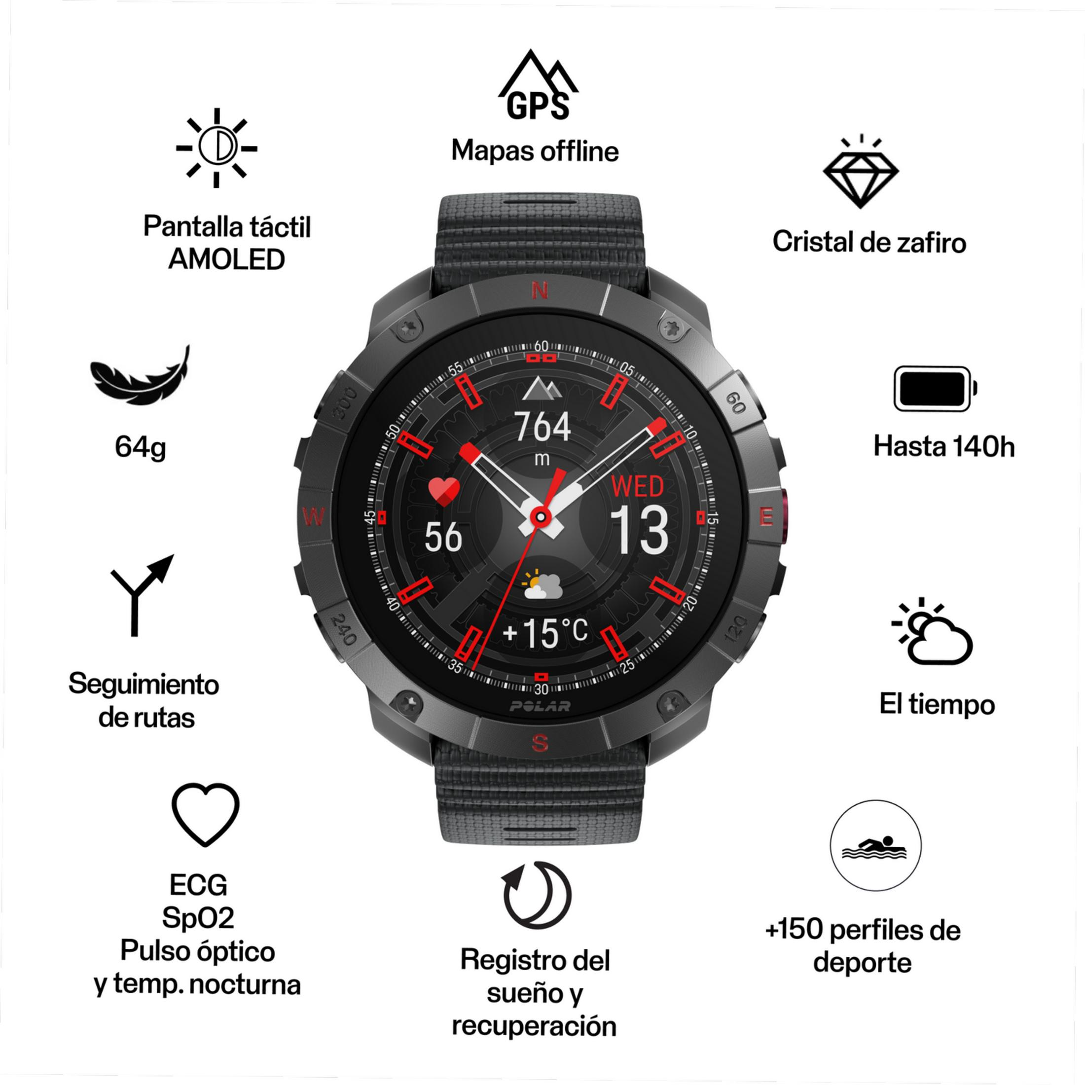 Smartwatch con display AMOLED, GPS, cristallo di zaffiro e batteria 140h.