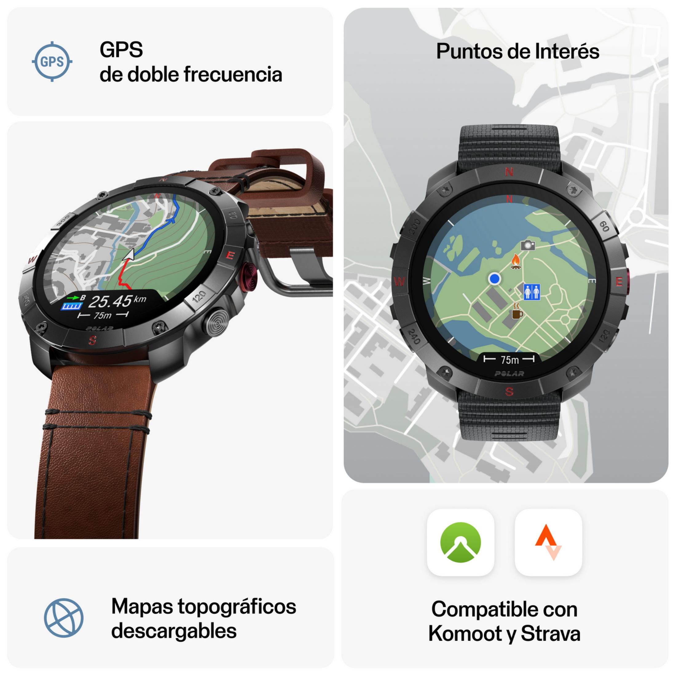 Due smartwatch che mostrano mappe, dati GPS e cinturini in pelle.