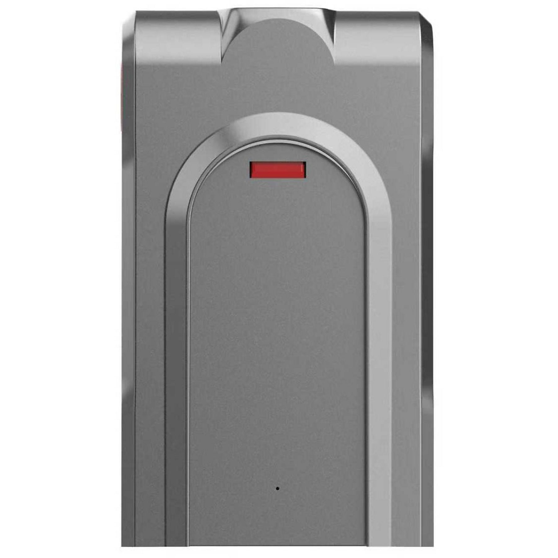 Dispositivo electrónico gris con una ranura roja arriba.