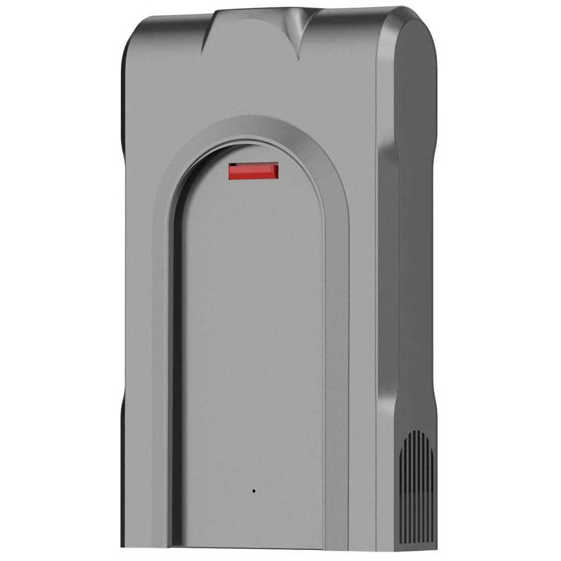 Dispositivo rectangular gris con una luz indicadora roja arriba.