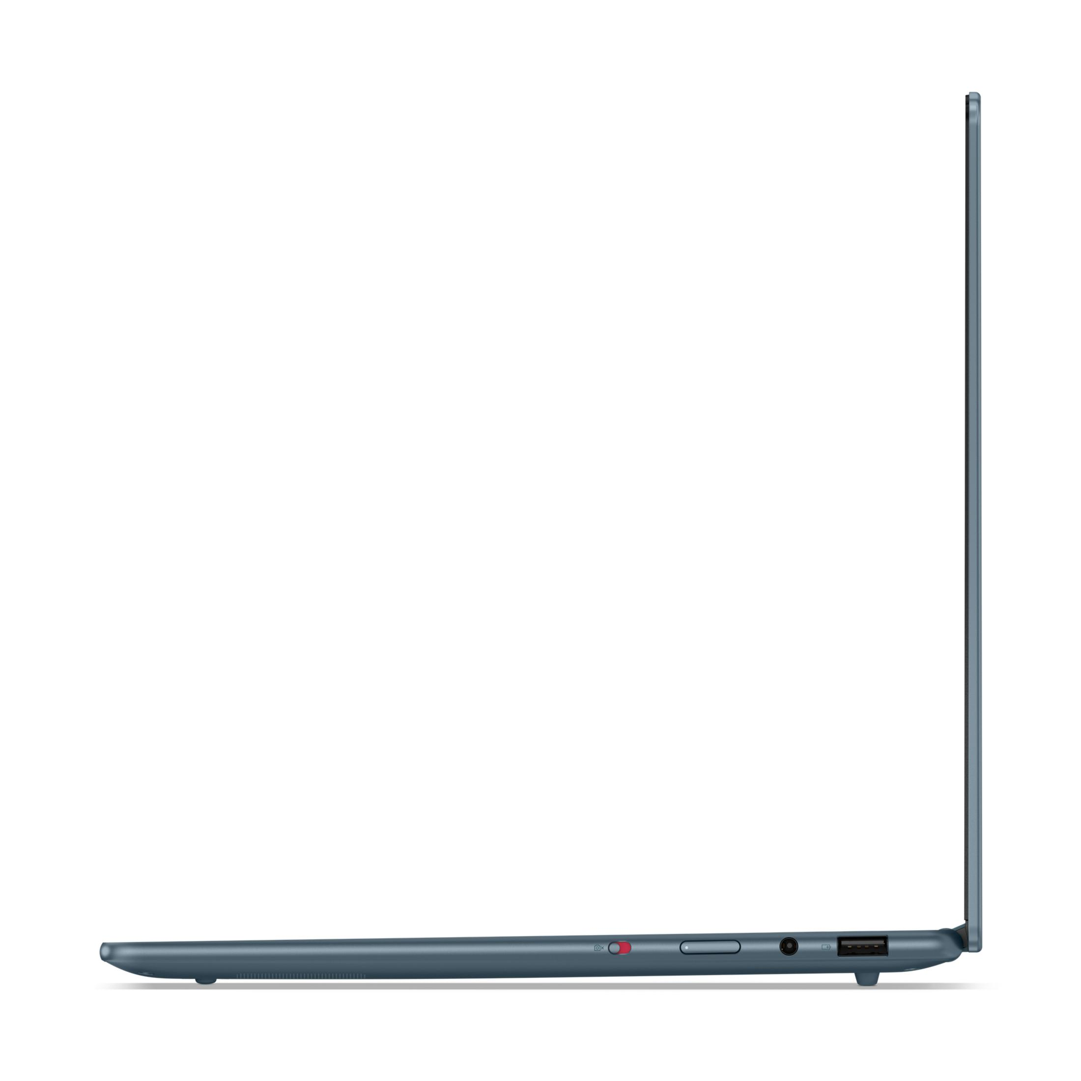 Seitenansicht eines geschlossenen, schlanken Laptops in Petrolblau mit Anschlüssen.