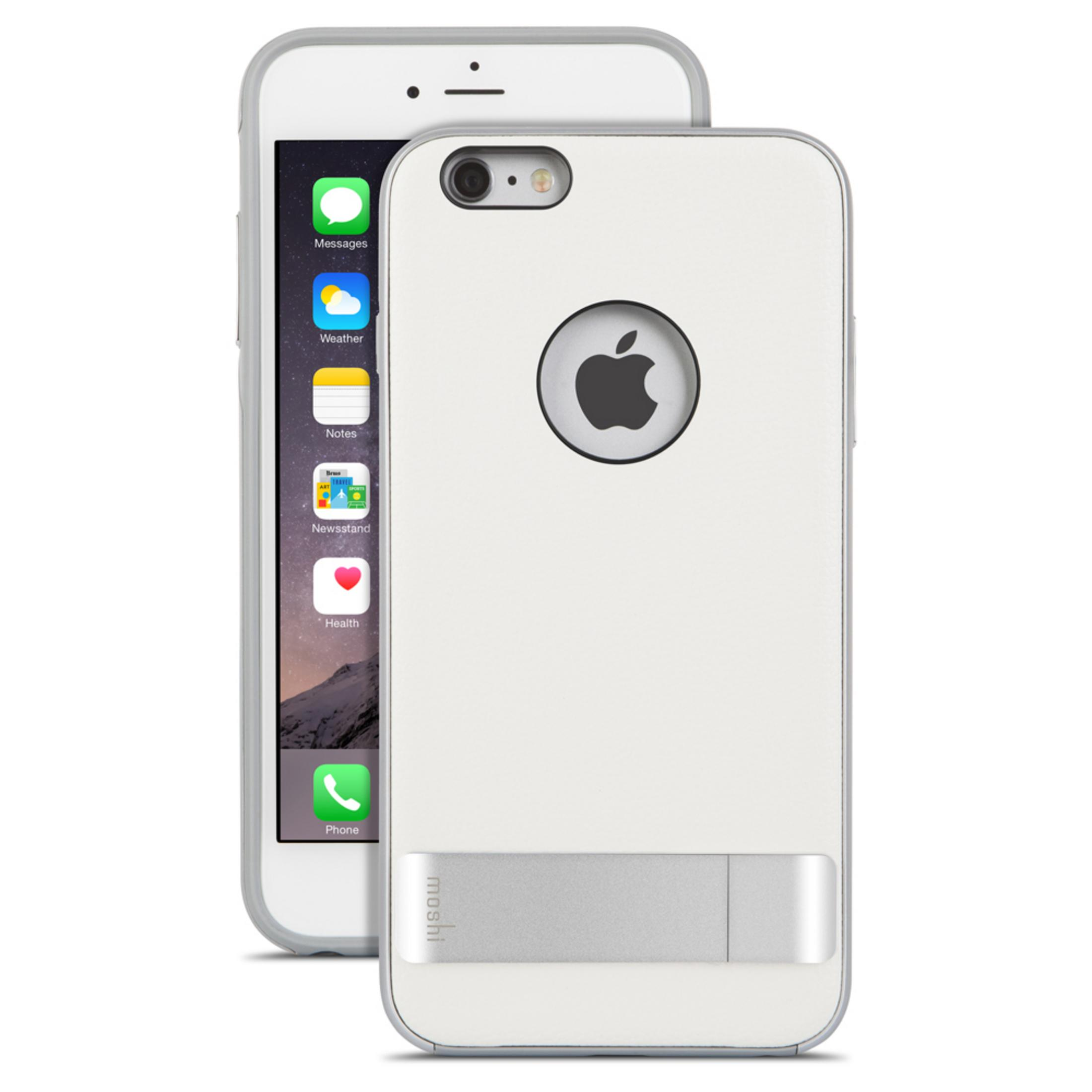Un iPhone bianco con logo Apple e supporto argento è mostrato su sfondo bianco.