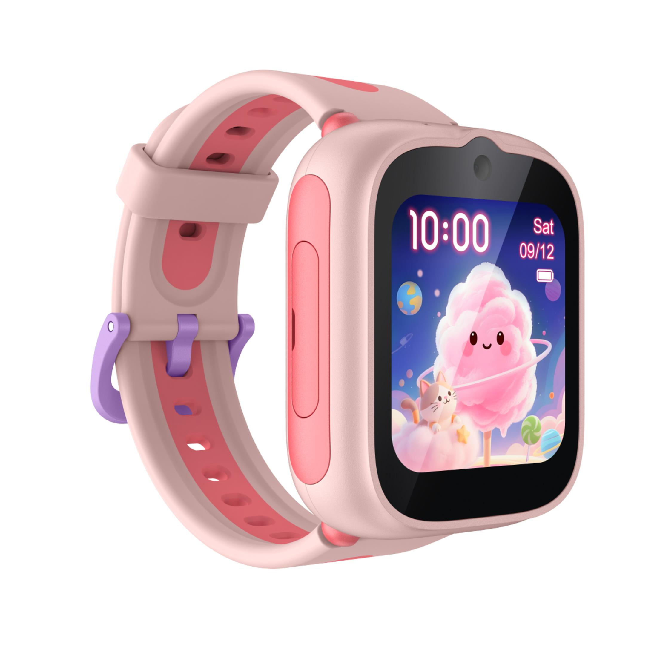 Różowy smartwatch z kreskówkowym wyświetlaczem przedstawiającym postać szczęśliwej waty cukrowej i kota.