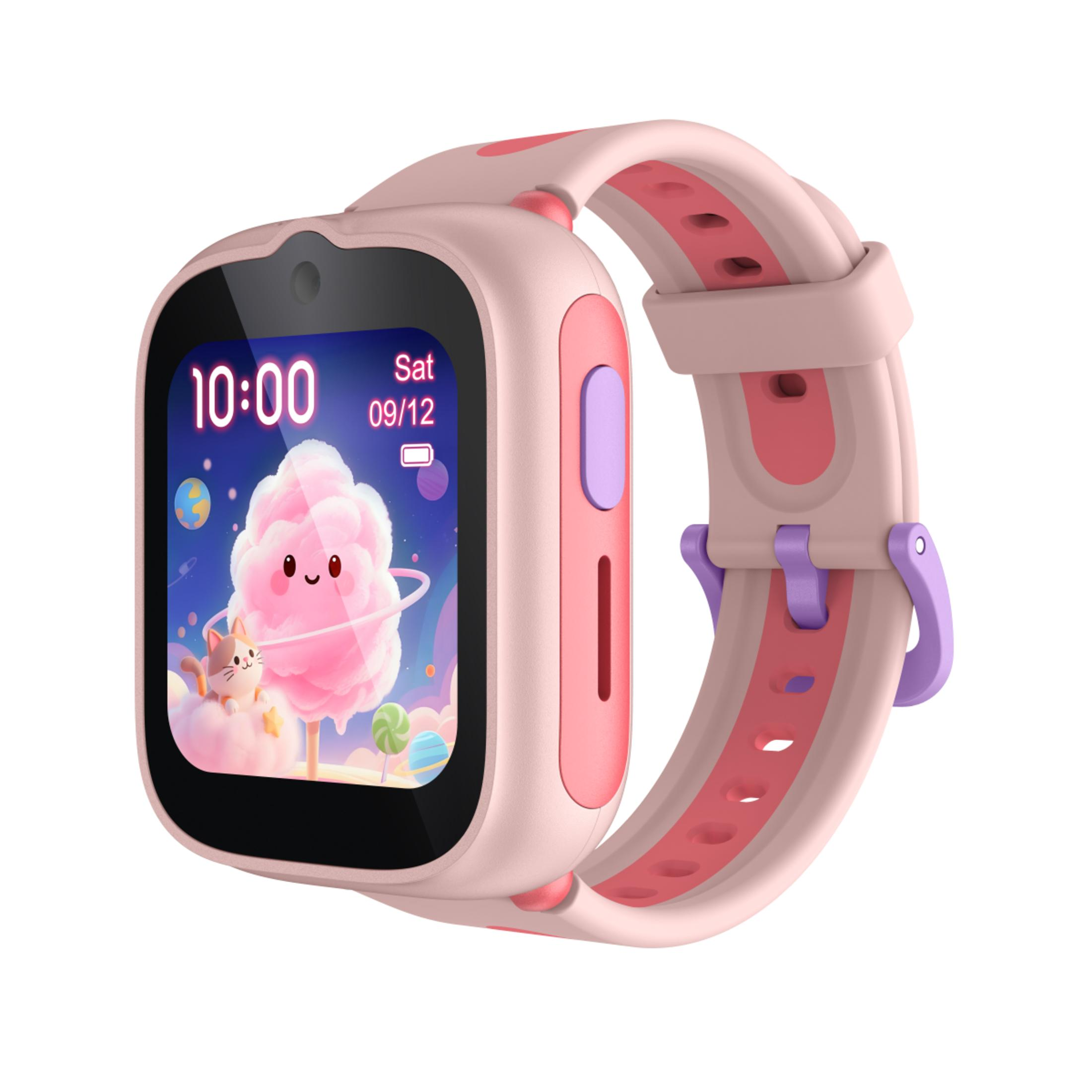 Różowy smartwatch wyświetla kreskówkowy ekran z watą cukrową i kotem.