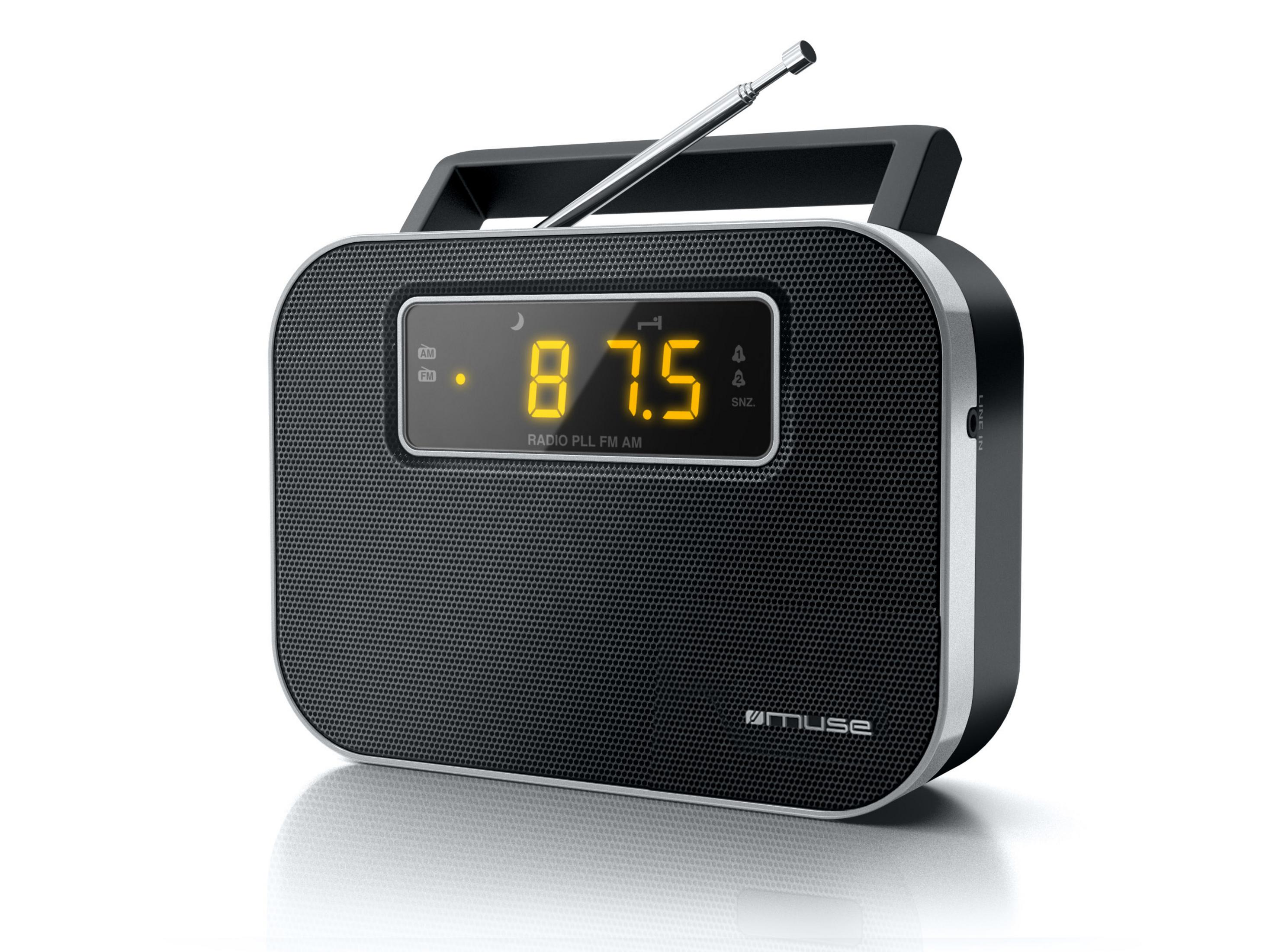 Radio digitale nera con antenna estensibile e display giallo.