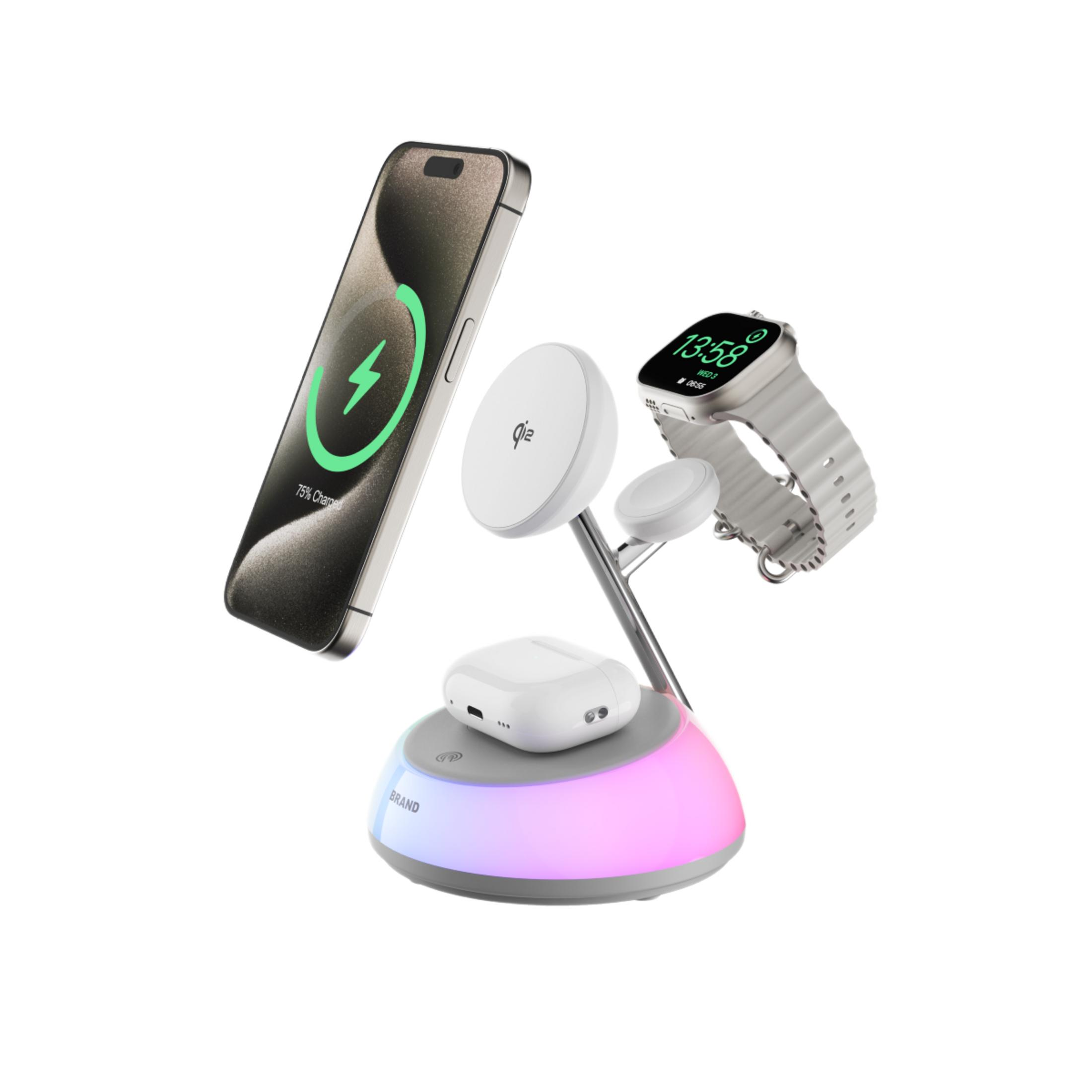 Telefon, saat ve kulaklıkla şarj standı. Tabandan renkli ışıklar parlıyor.