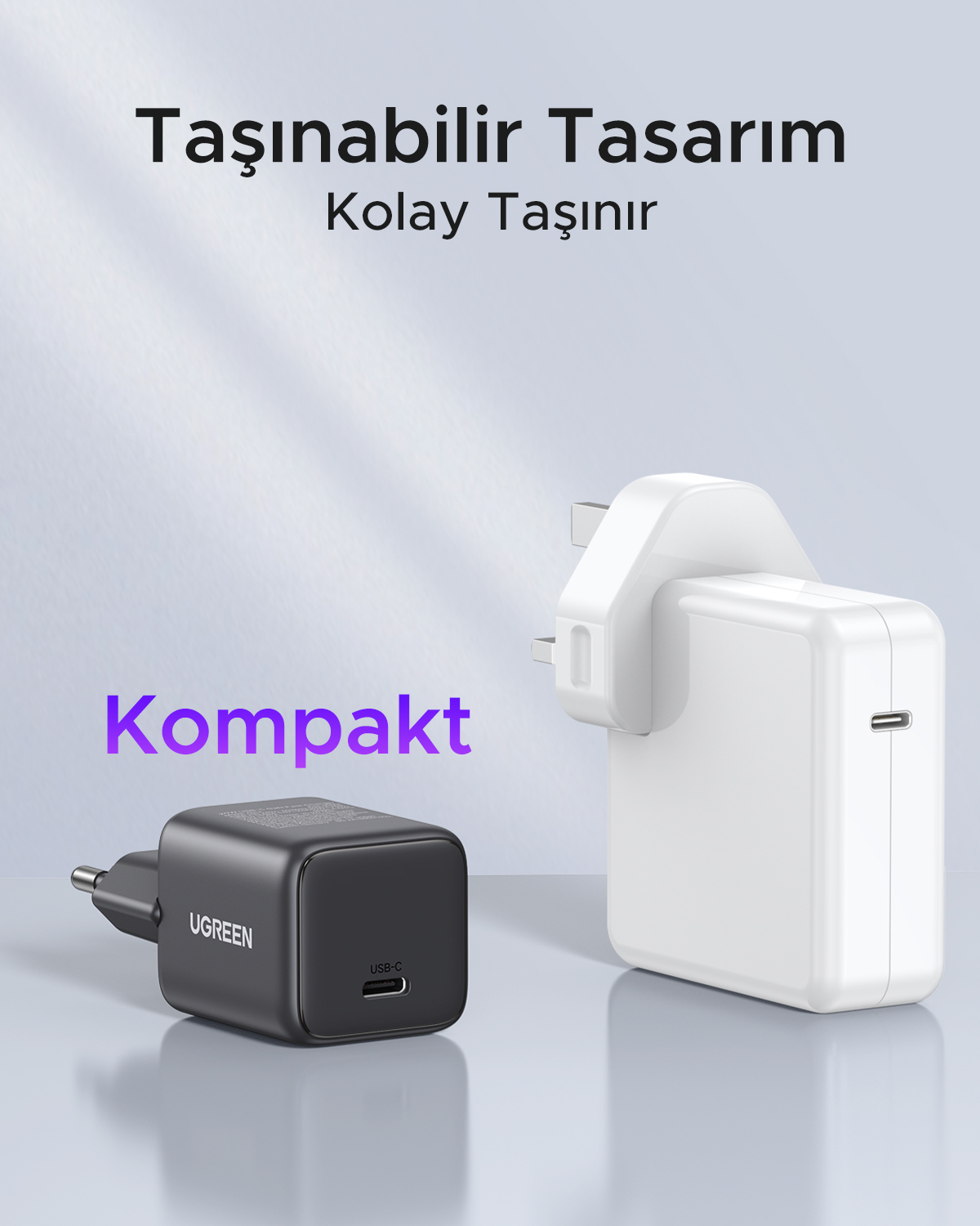 İki kompakt şarj cihazı: biri siyah UGREEN, diğeri beyaz.
