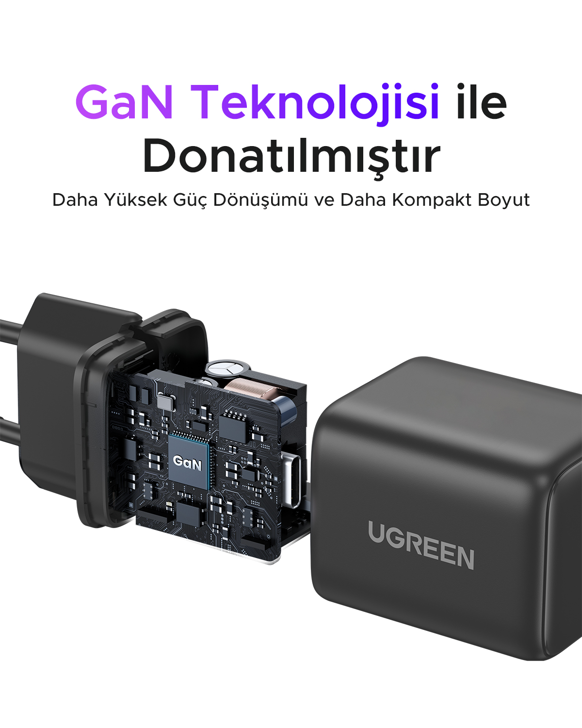 UGREEN GaN teknolojili şarj cihazı, iç devre kartı görünür.