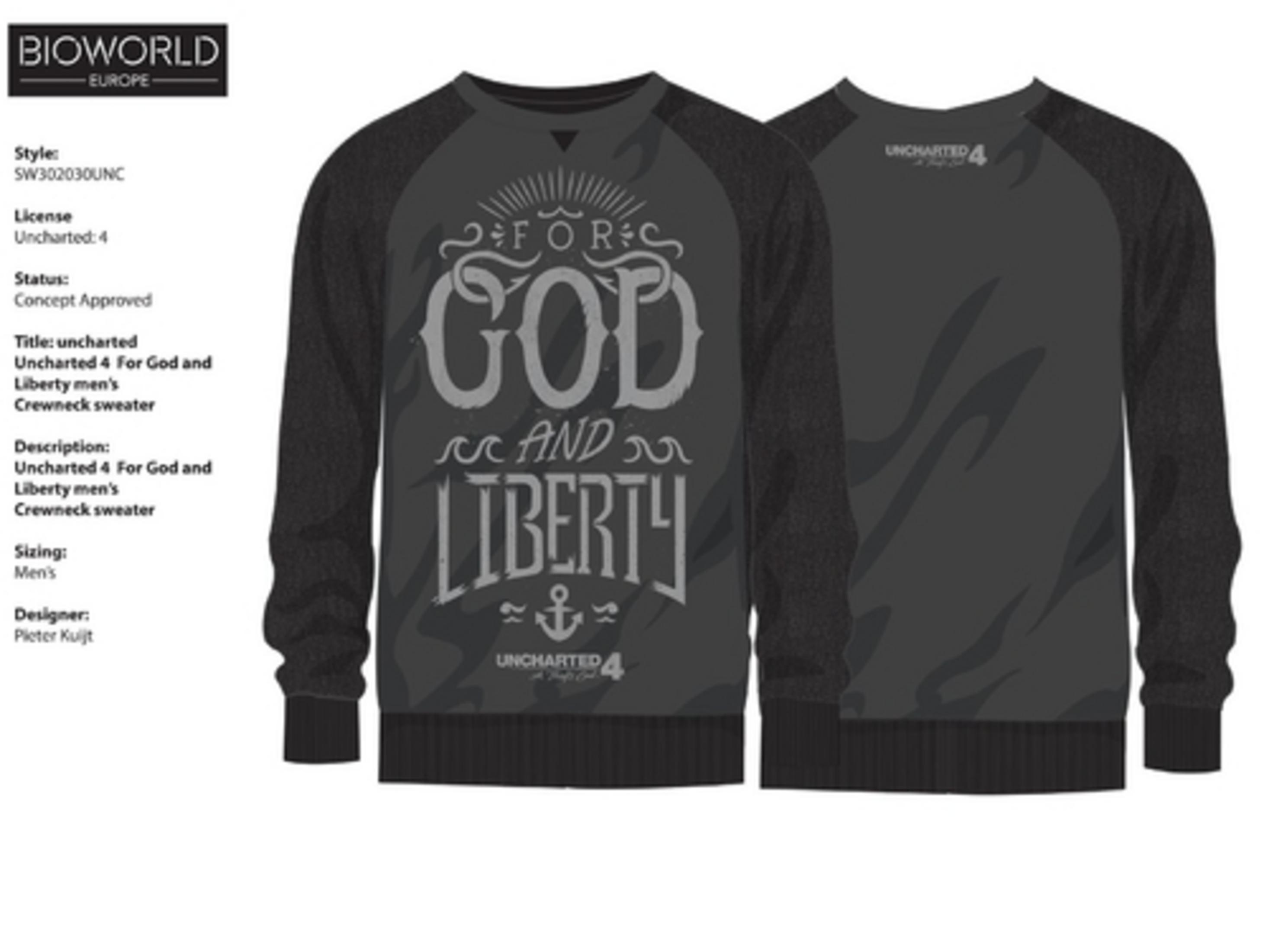Ein dunkles Sweatshirt mit "For God and Liberty"-Aufdruck und "Uncharted 4"-Logo.