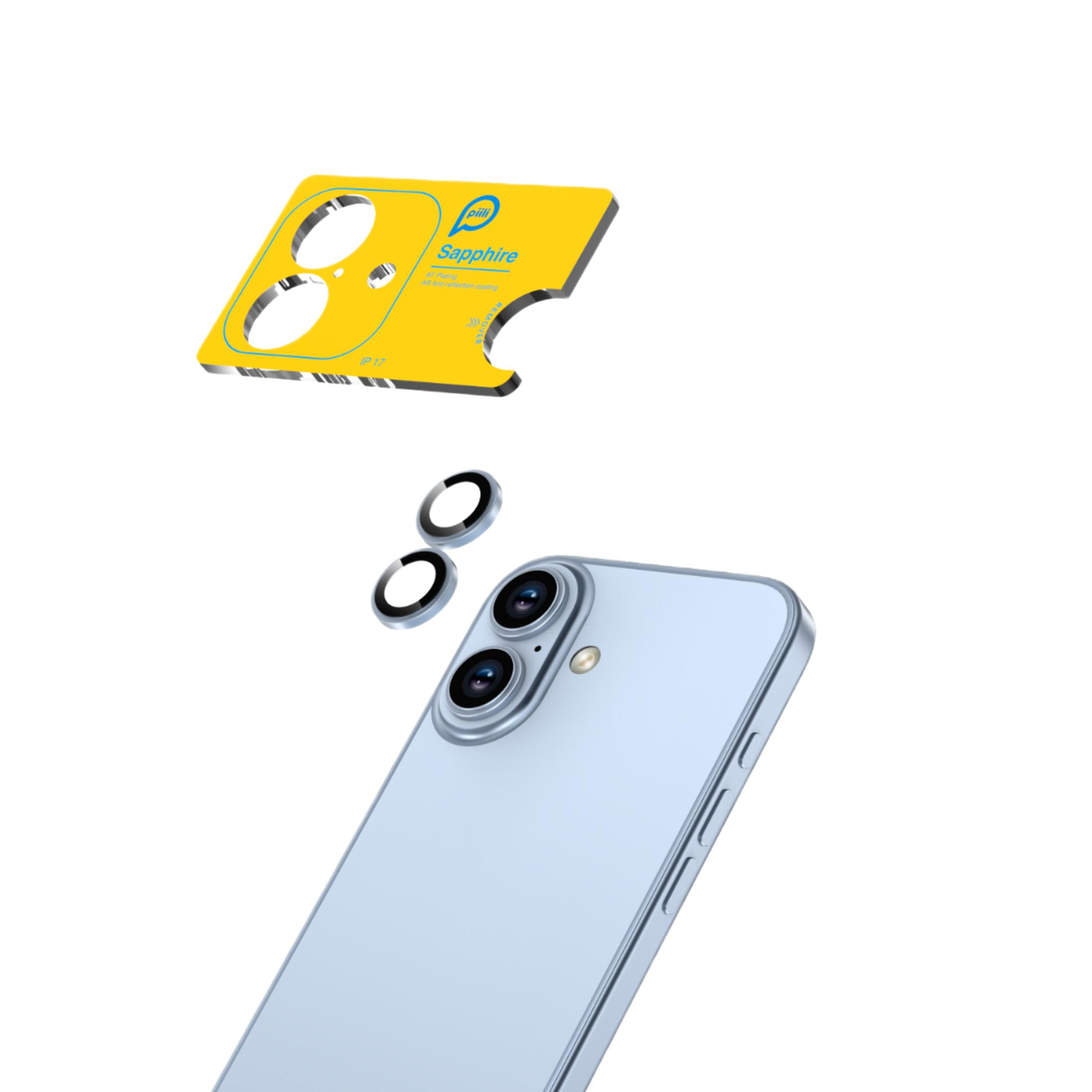 İki lensli açık mavi bir akıllı telefon ve lens koruması için sarı bir alet.