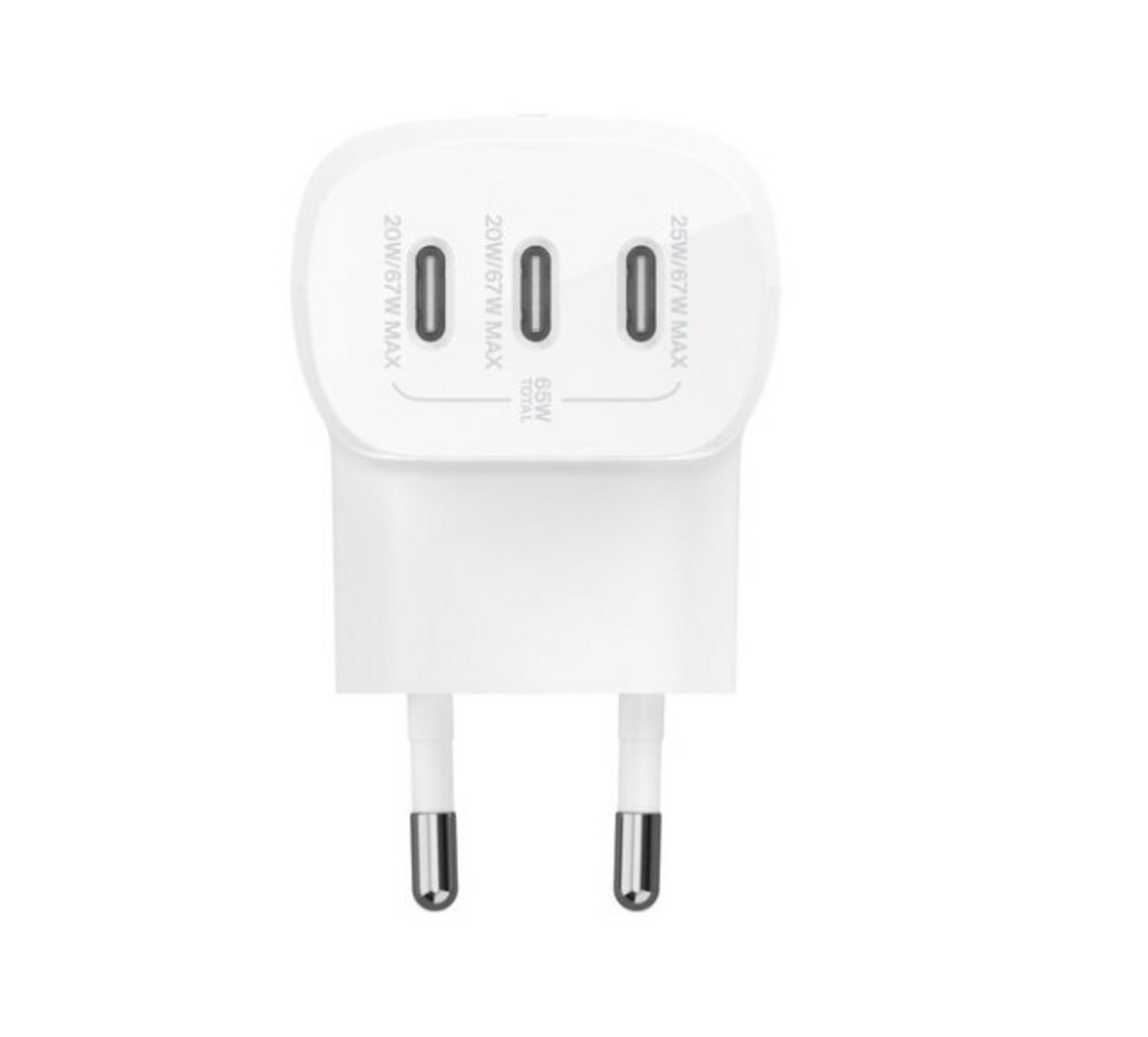 Un alimentatore bianco con tre porte USB, che indica i watt.