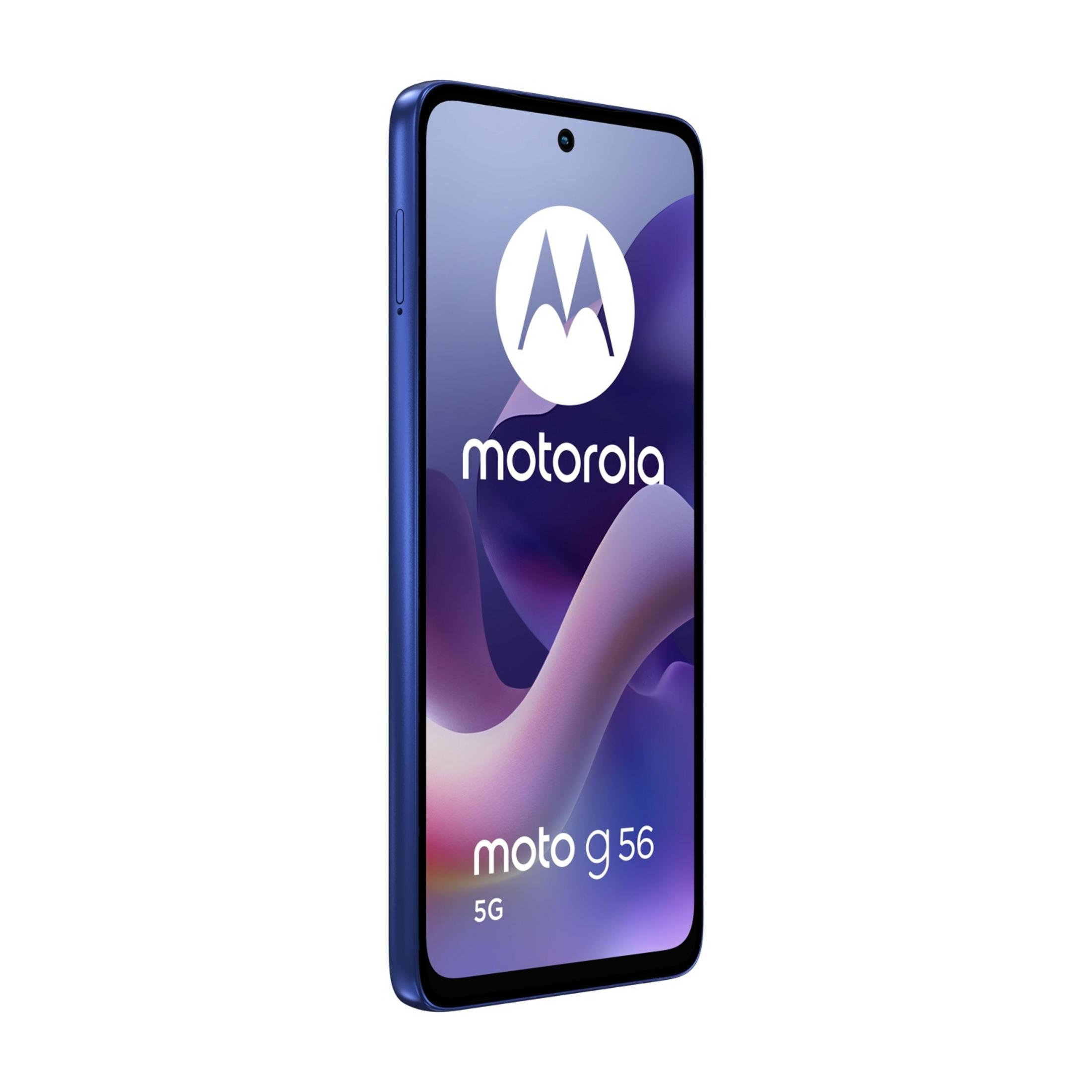 Smartphone Motorola Moto G 56 5G azul con logo de Motorola en pantalla.