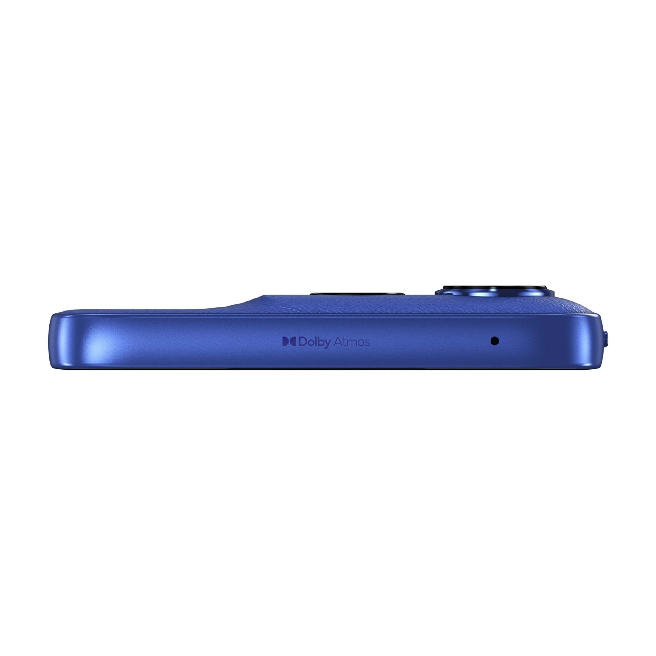 Vista lateral de un smartphone azul con logo Dolby Atmos y pequeño orificio de altavoz.
