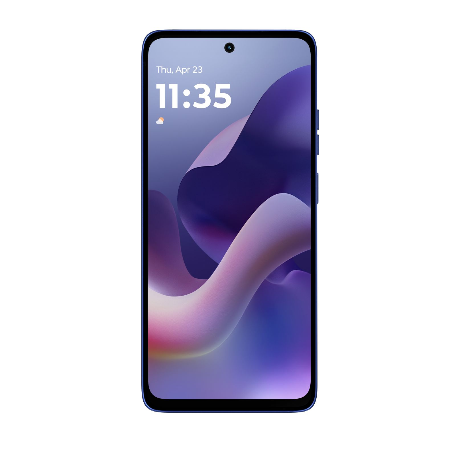 Un teléfono inteligente azul muestra las 11:35 y un fondo de pantalla abstracto morado-azul.