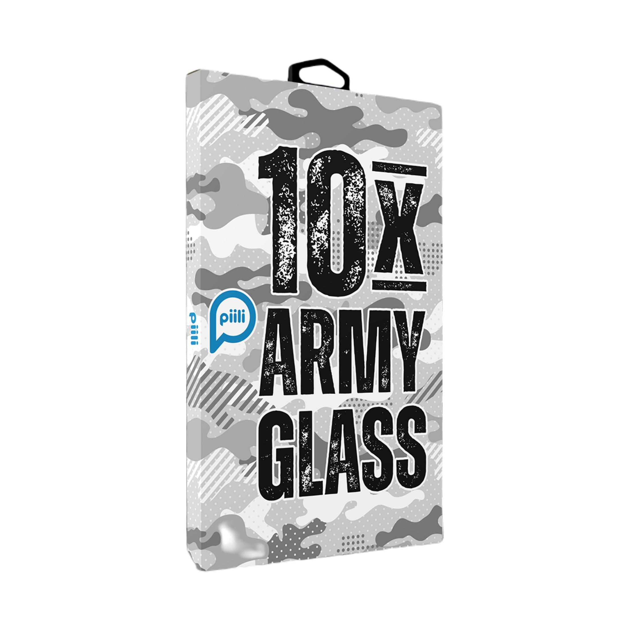 Kamuflaj desenli gri ambalaj, 10x ARMY GLASS yazısı ve askı.