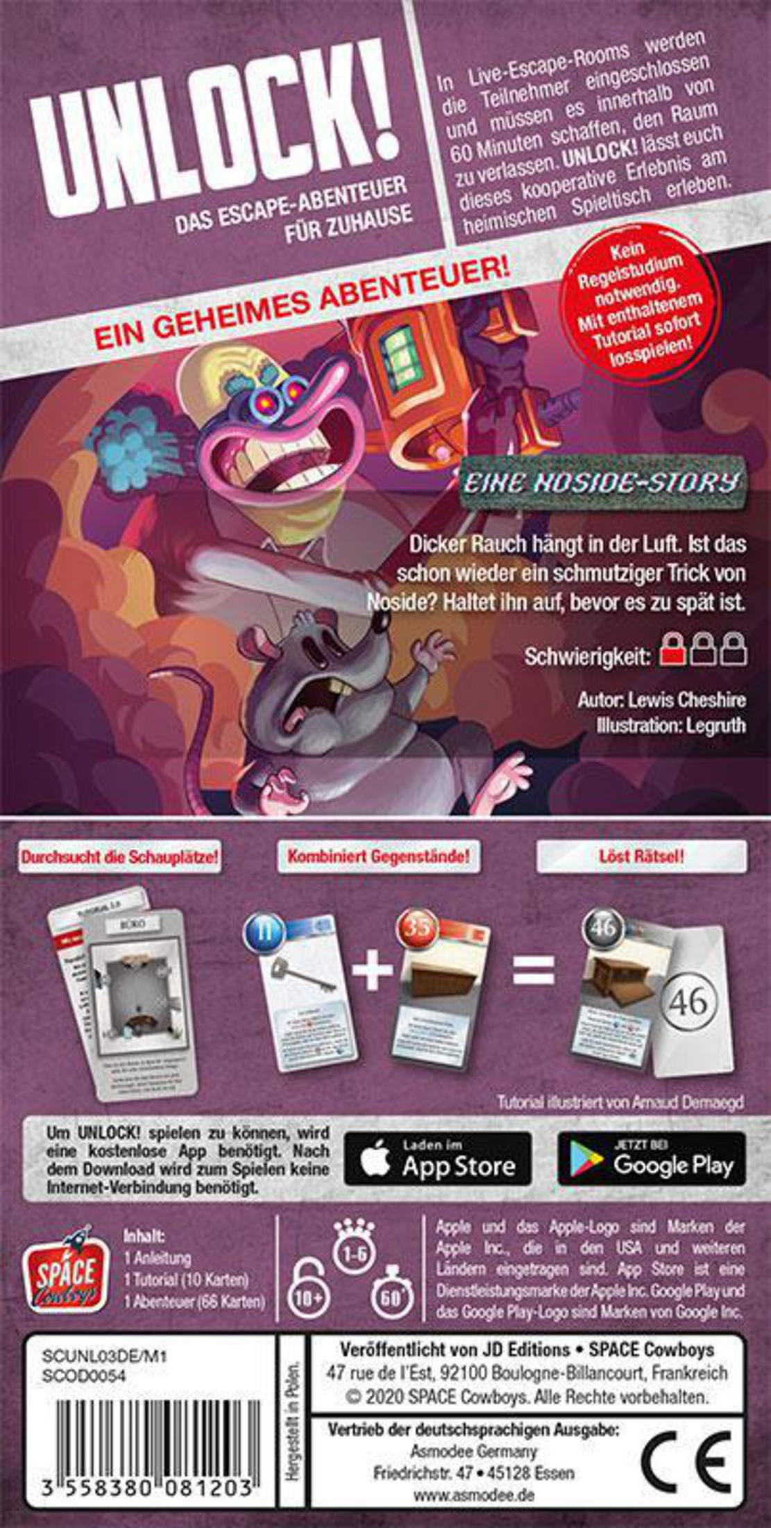 Brettspiel-Box mit Comic-Stil-Illustrationen: UNLOCK! Ein Geheimnis.