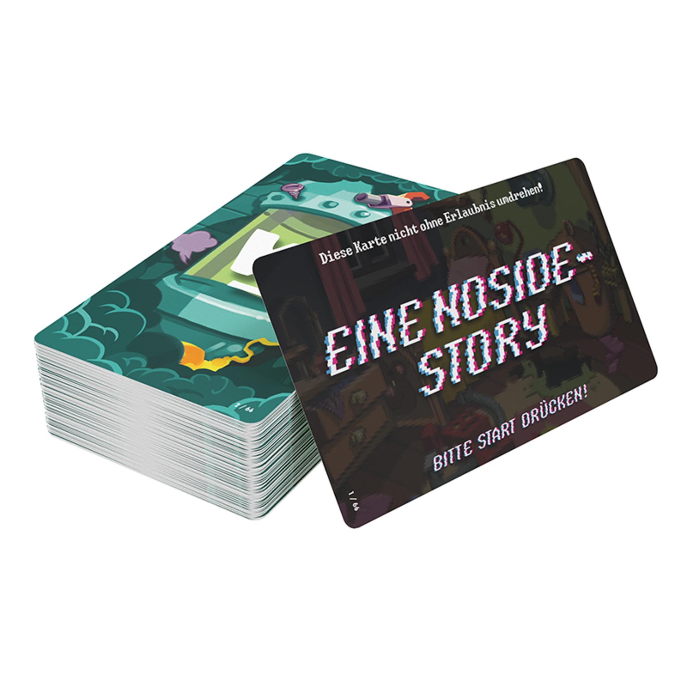 Ein Stapel Karten mit einer Karte, auf der "EINE NOSIDE-STORY" steht.