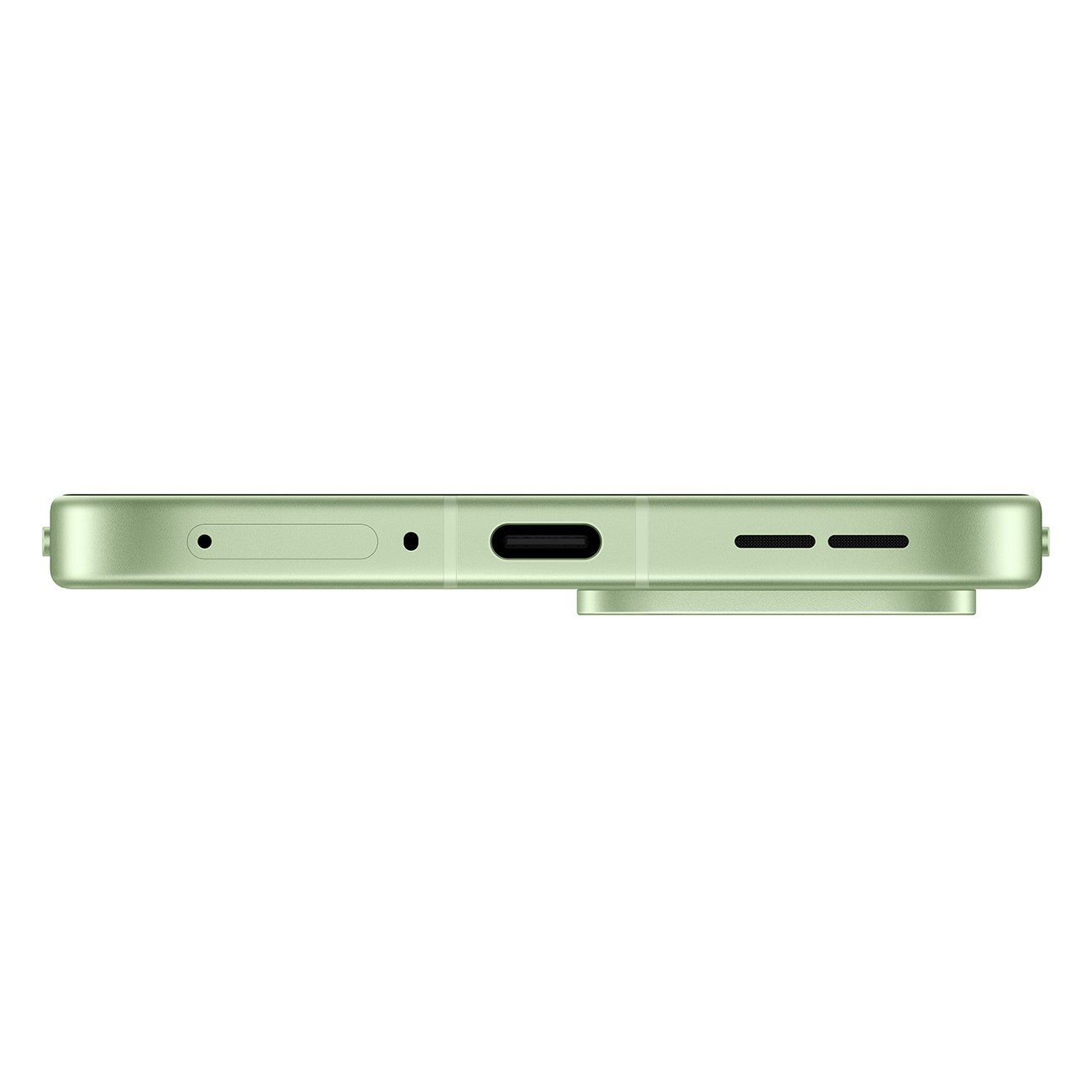 Vista inferiore di uno smartphone verde chiaro, con porta USB-C e griglie altoparlanti.