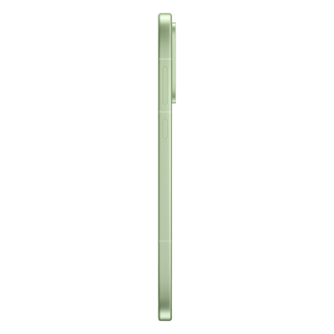 Uno smartphone verde chiaro visto di lato su sfondo bianco.