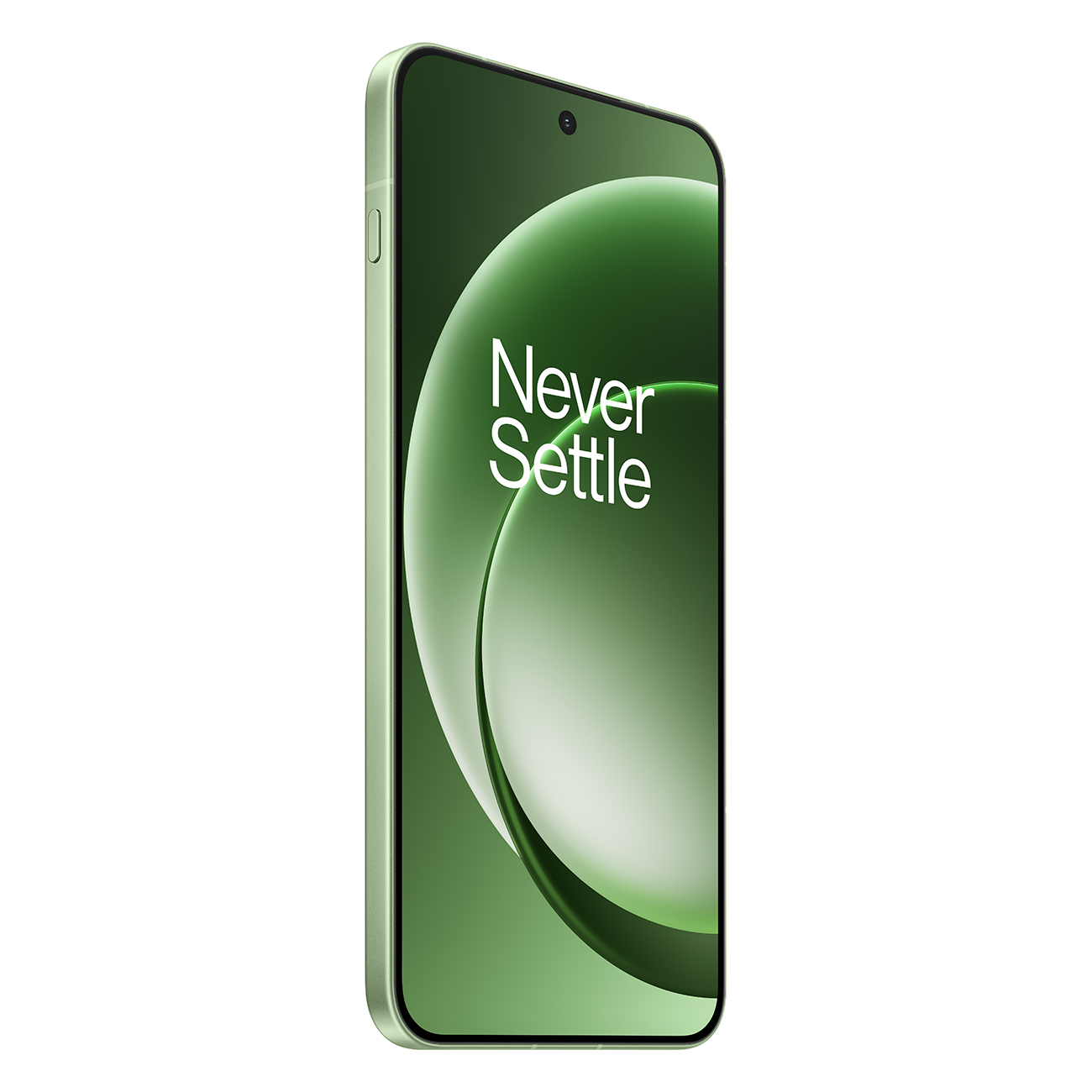 Uno smartphone verde chiaro che mostra "Never Settle" sullo schermo.
