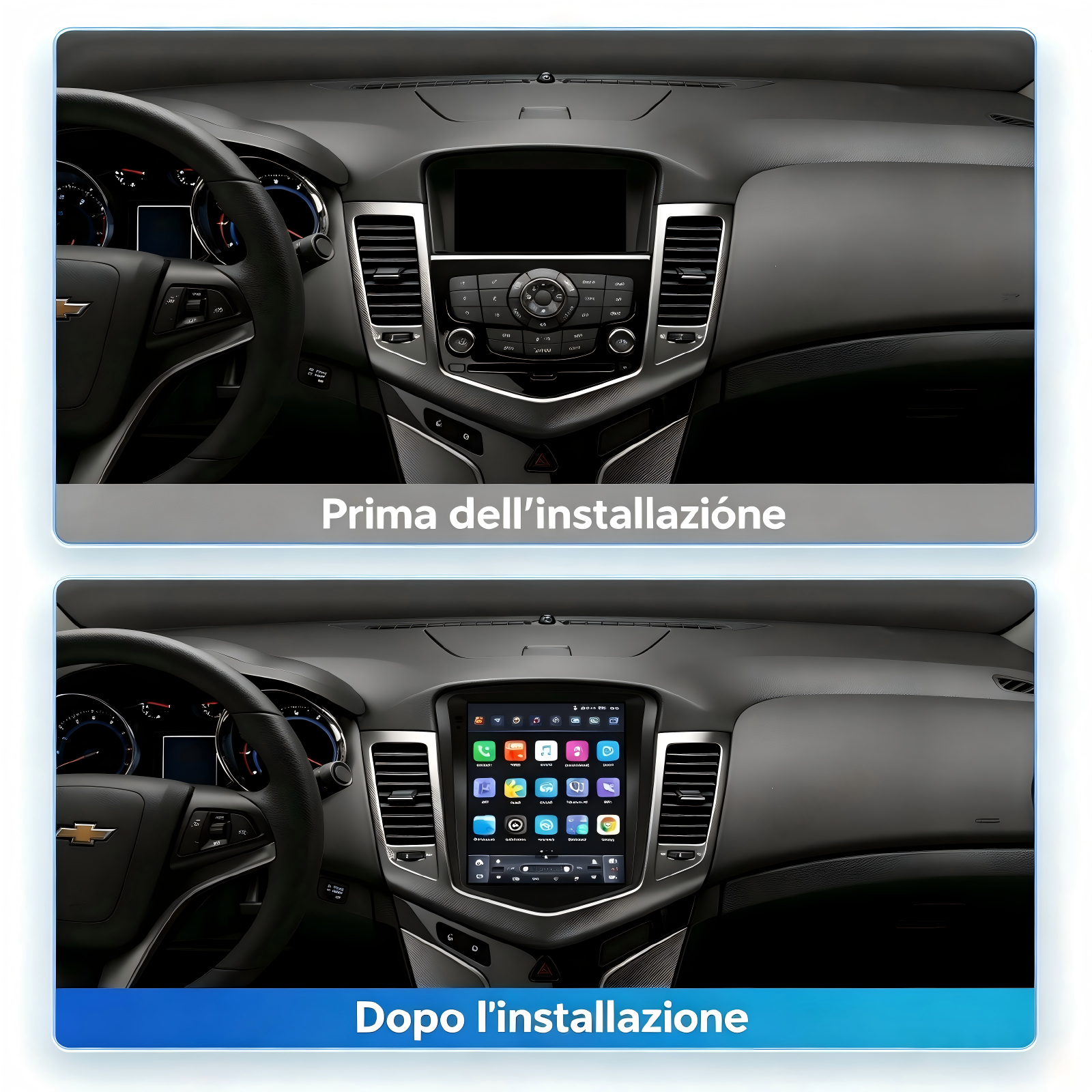 Vista prima e dopo del sistema di infotainment dell'auto. Sopra: originale. Sotto: con ampio touchscreen.