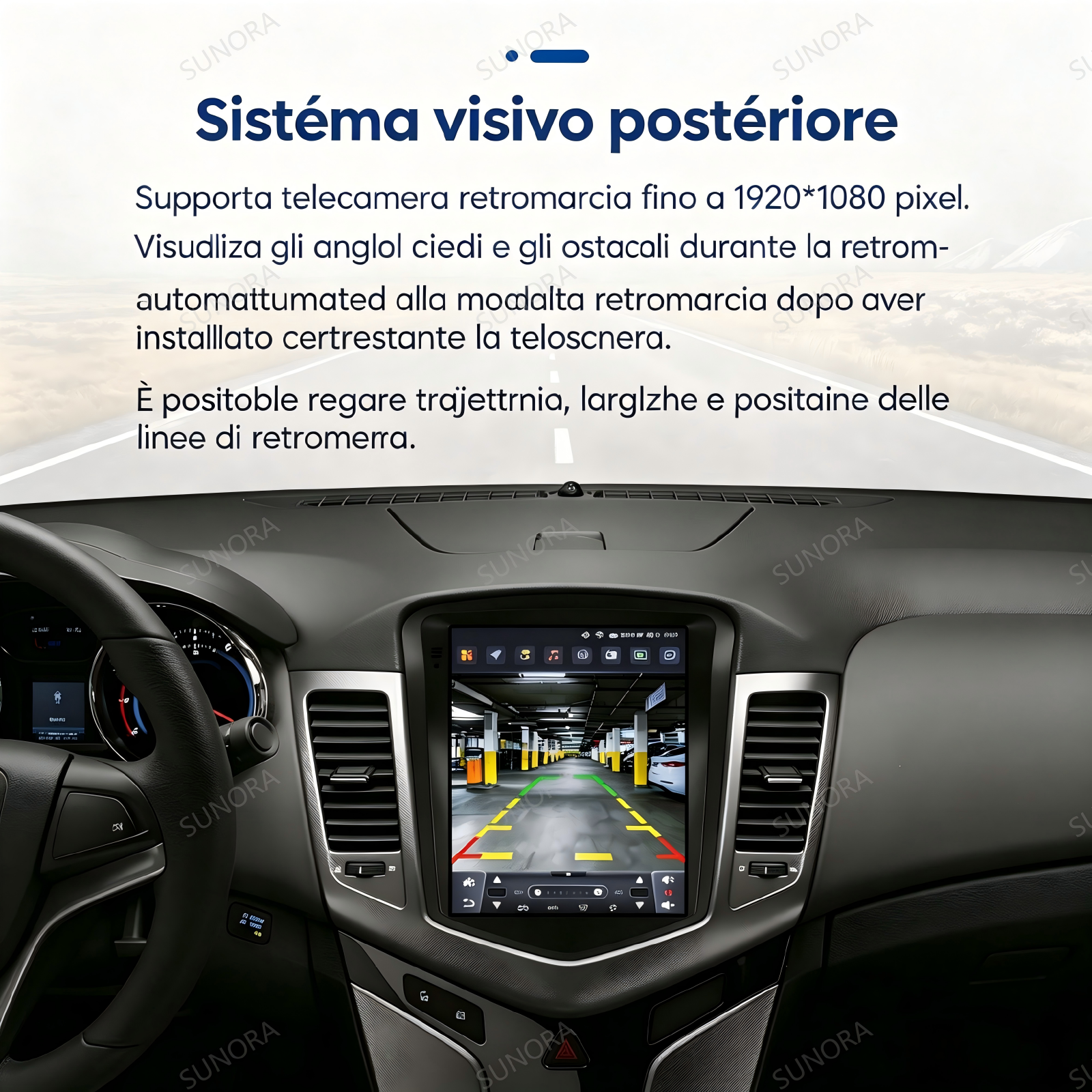 Interno auto con un grande touchscreen che mostra una vista parcheggio.