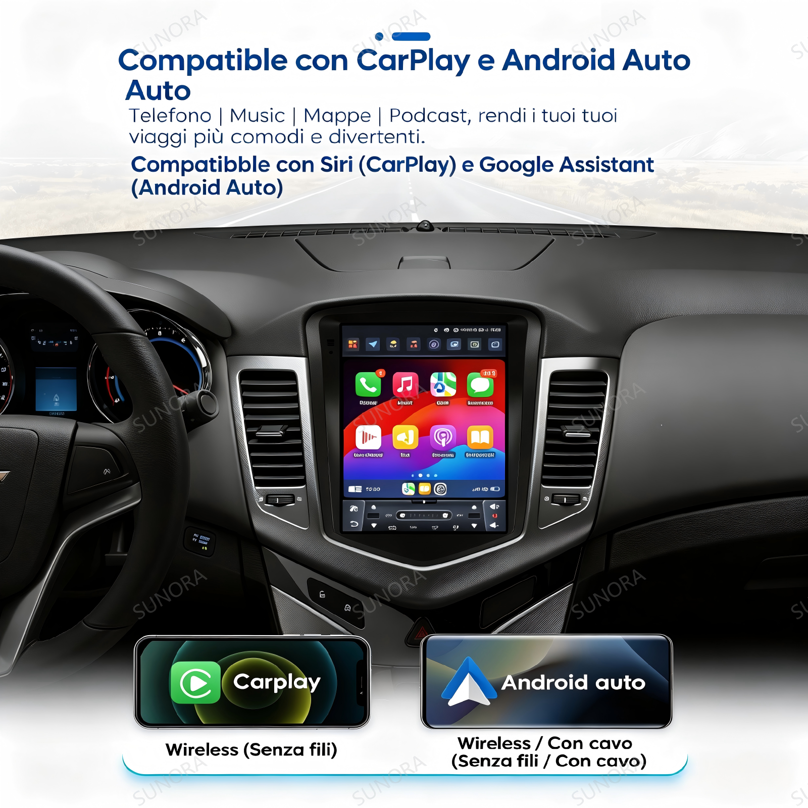 Interno auto con sistema infotainment che supporta CarPlay e Android Auto.