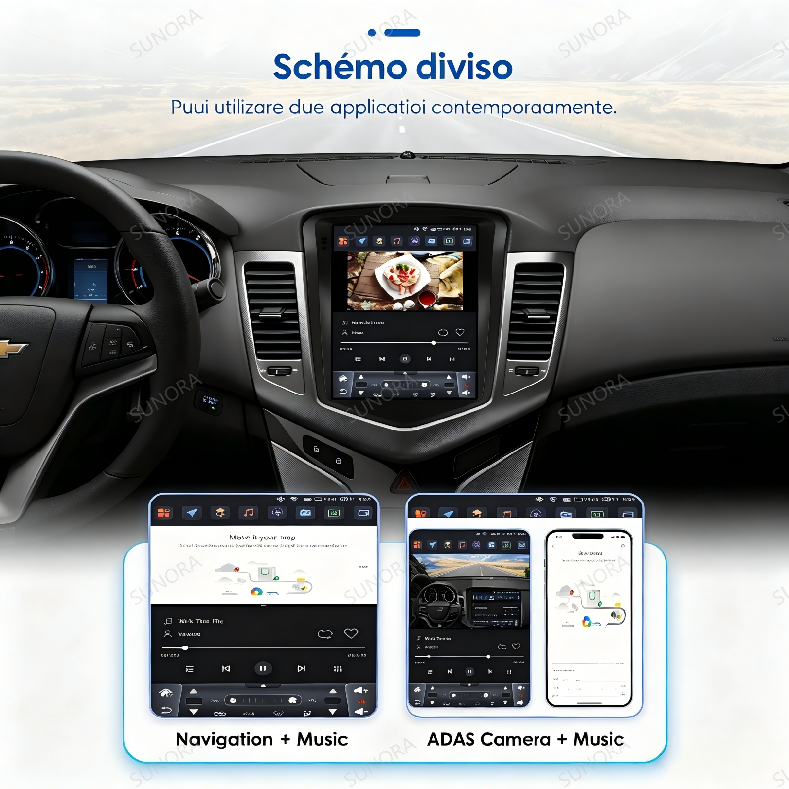 Cruscotto auto con schermi divisi: Navigazione e Musica, Telecamera ADAS e Musica.