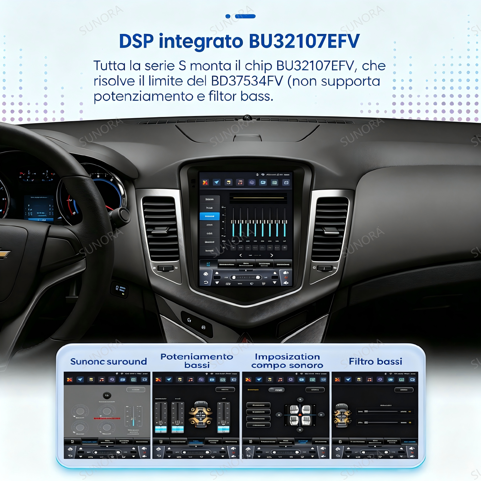 Cruscotto auto con grande touchscreen che mostra le impostazioni audio DSP.