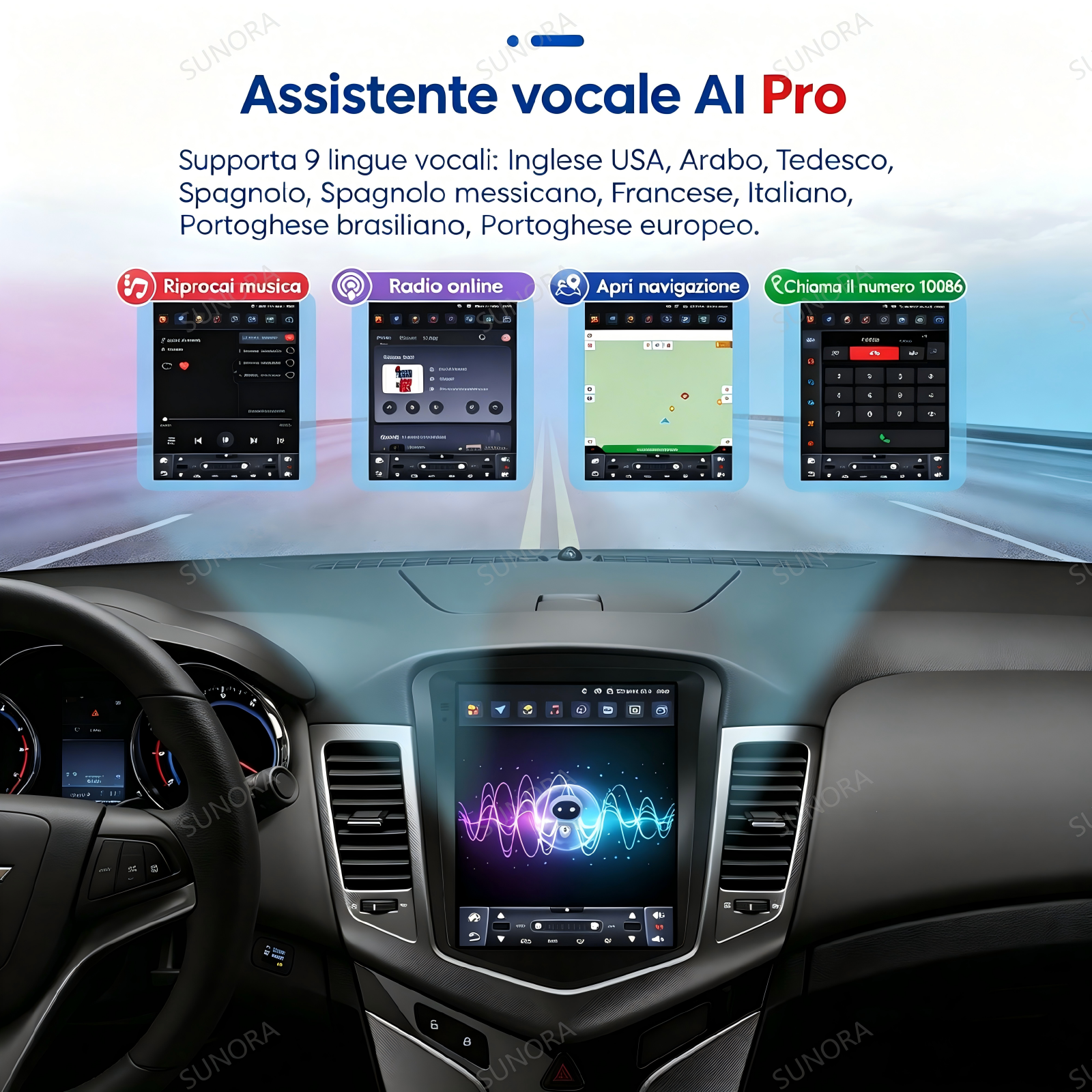 Sistema infotainment auto con musica, radio, navigazione e telefono.