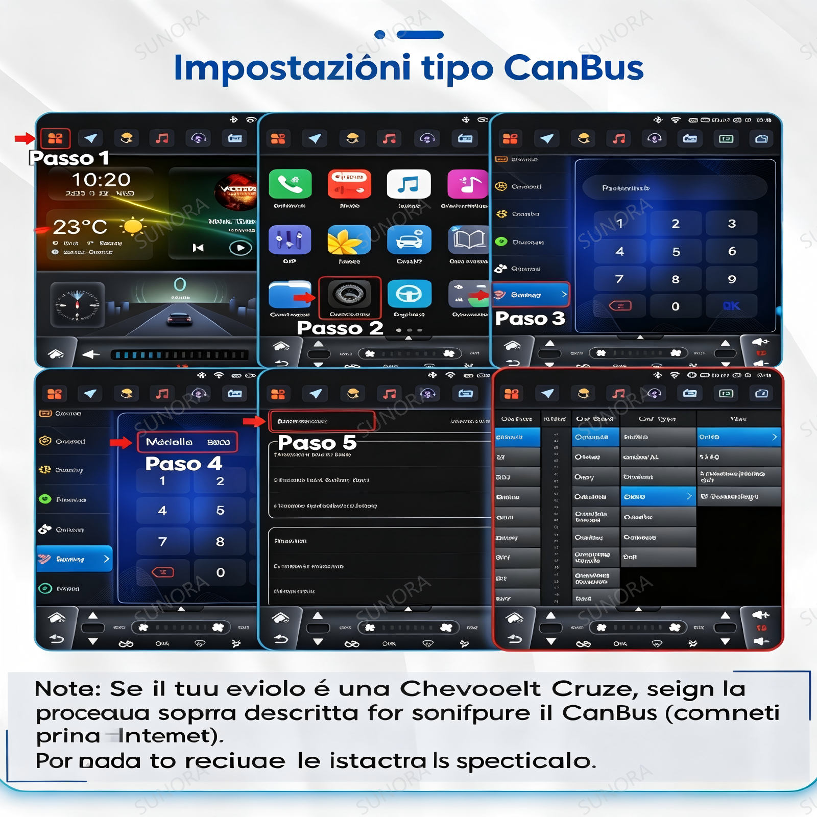 Display multiscreen con varie opzioni di menu e tastierini.