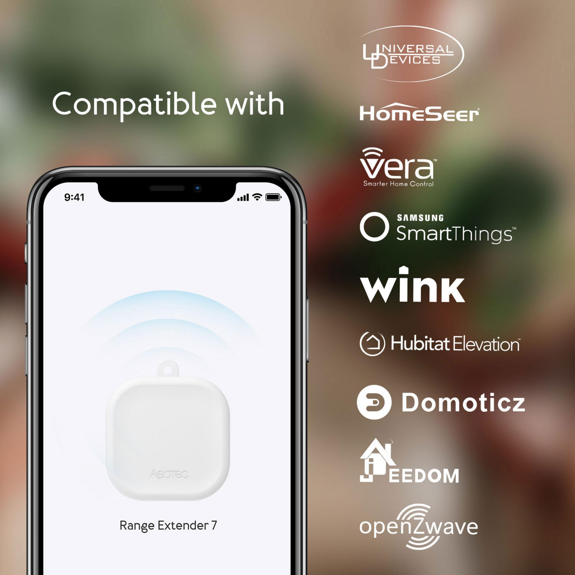 Immagine mostra smartphone con Range Extender 7 e loghi di sistemi compatibili.