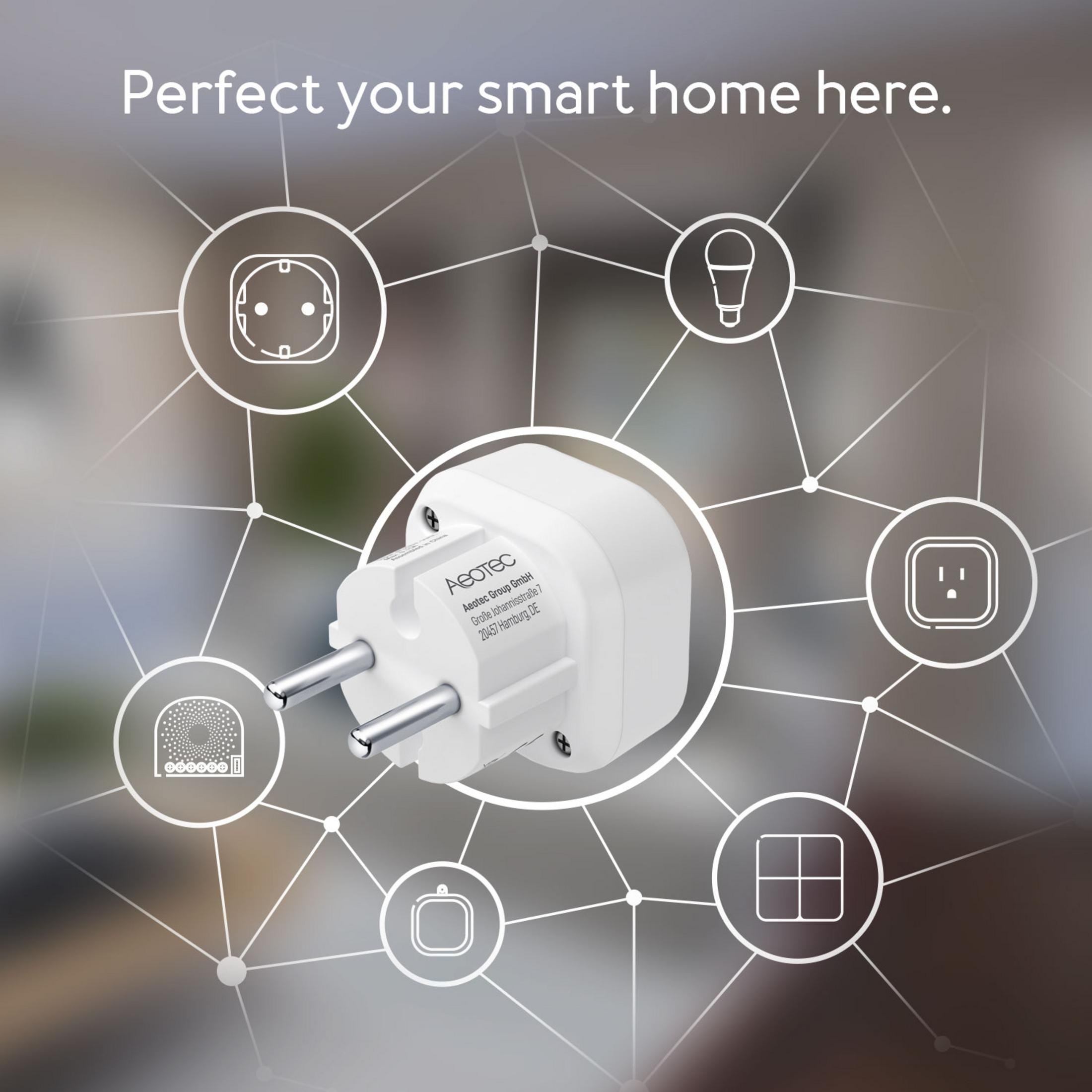 Un adattatore bianco per la casa intelligente circondato da icone di prese, lampadina, finestra, allarme e interruttore.