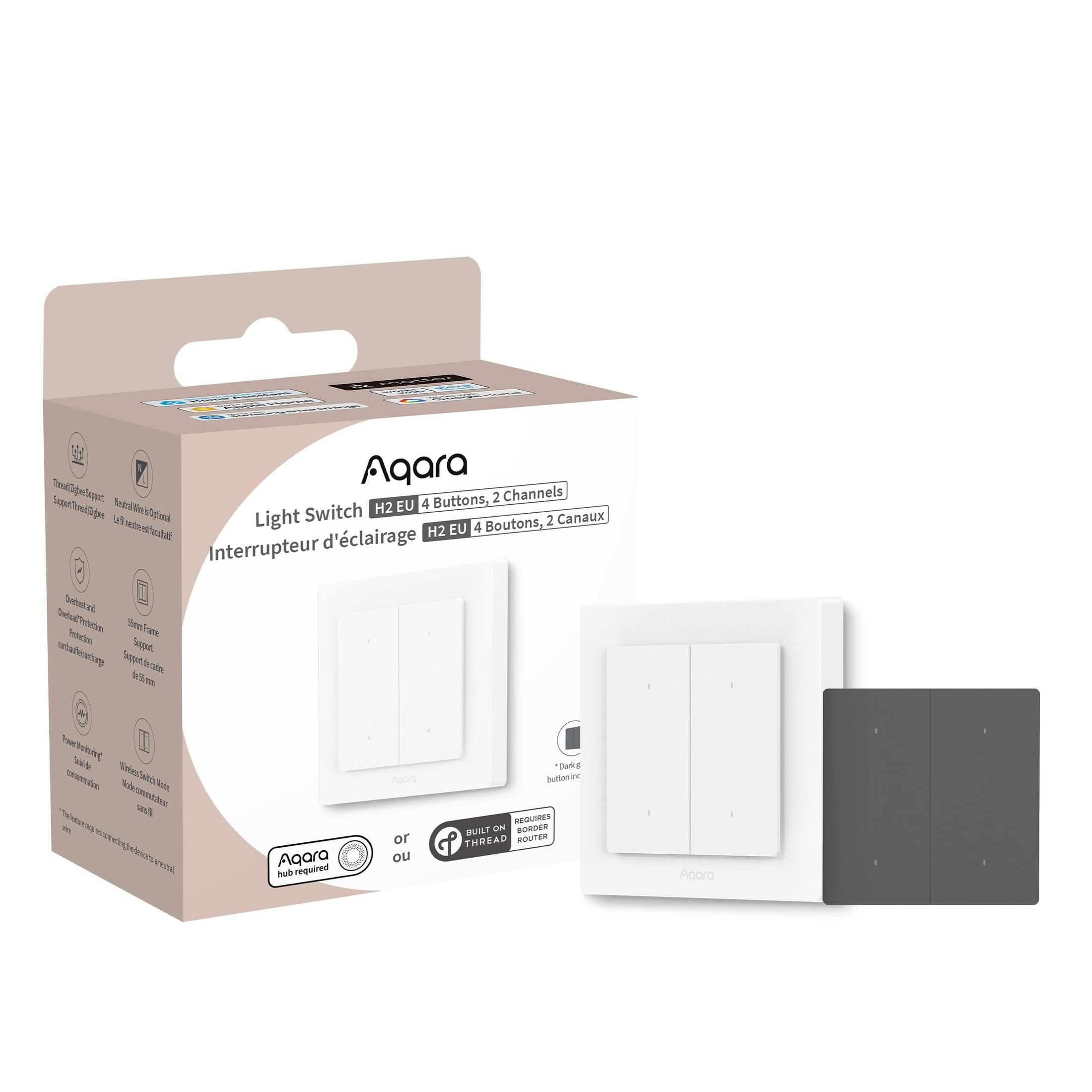 Interrupteur Aqara H2 EU : interrupteur blanc 4 boutons, 2 canaux, avec support Thread.