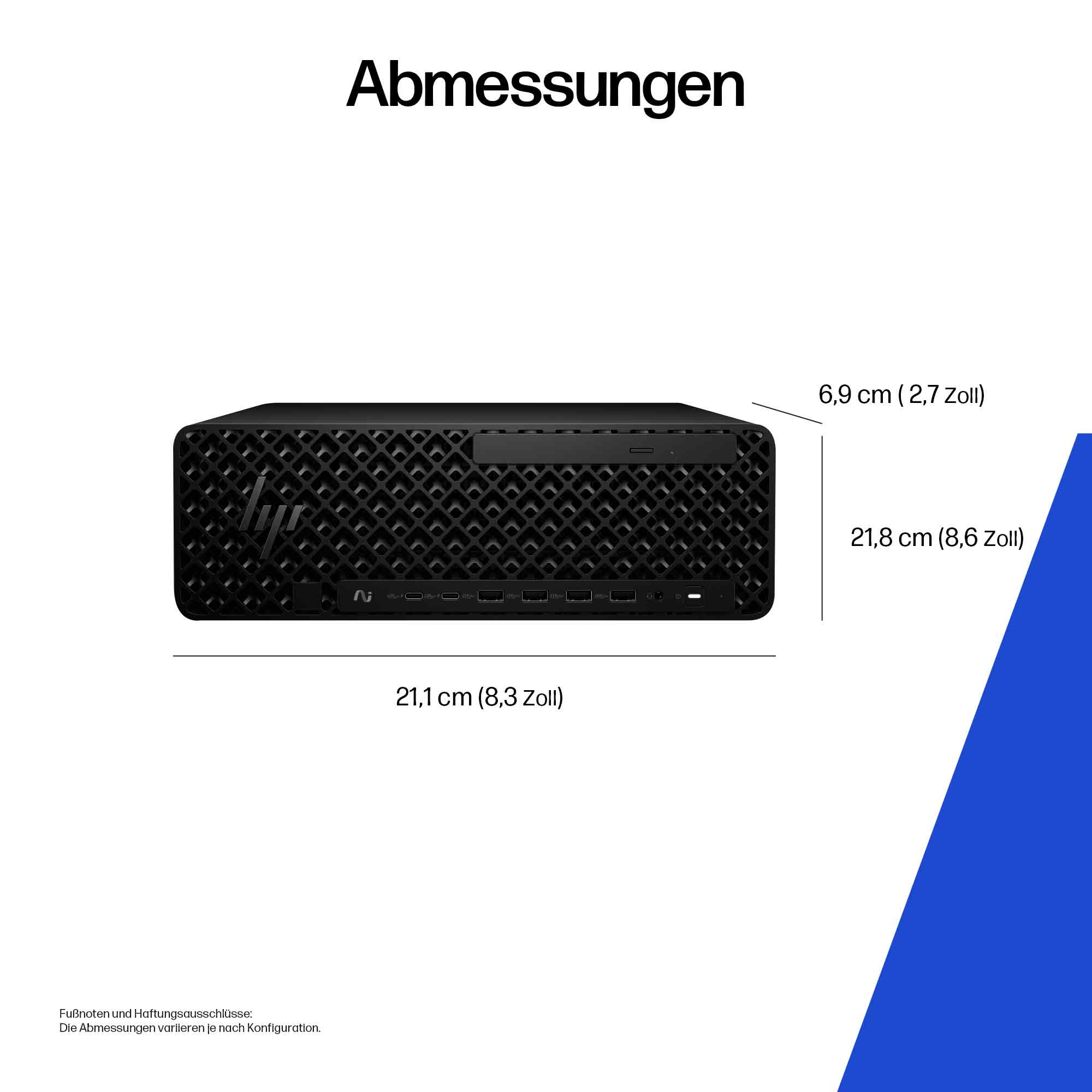 Schwarzer HP Desktop-PC mit Maßen: 21,1 cm (8,3 Zoll) Länge, 6,9 cm (2,7 Zoll) Höhe, 21,8 cm (8,6 Zoll) Tiefe.