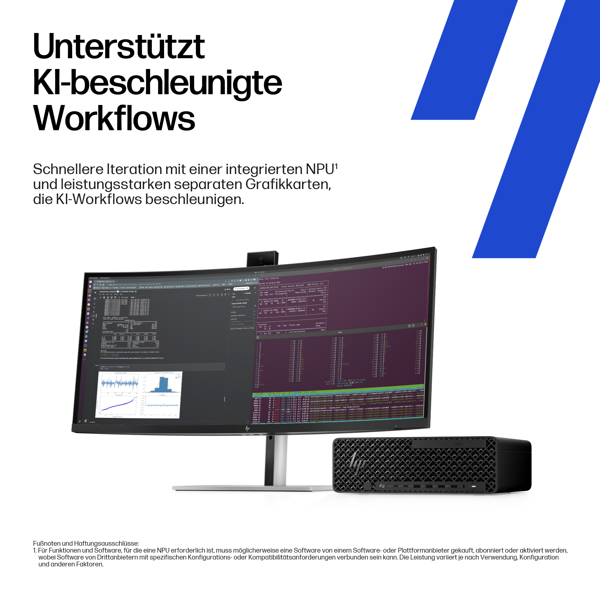 Ein schwarzer Computer mit einem Monitor, der Code anzeigt. Blaue Linien im Hintergrund.